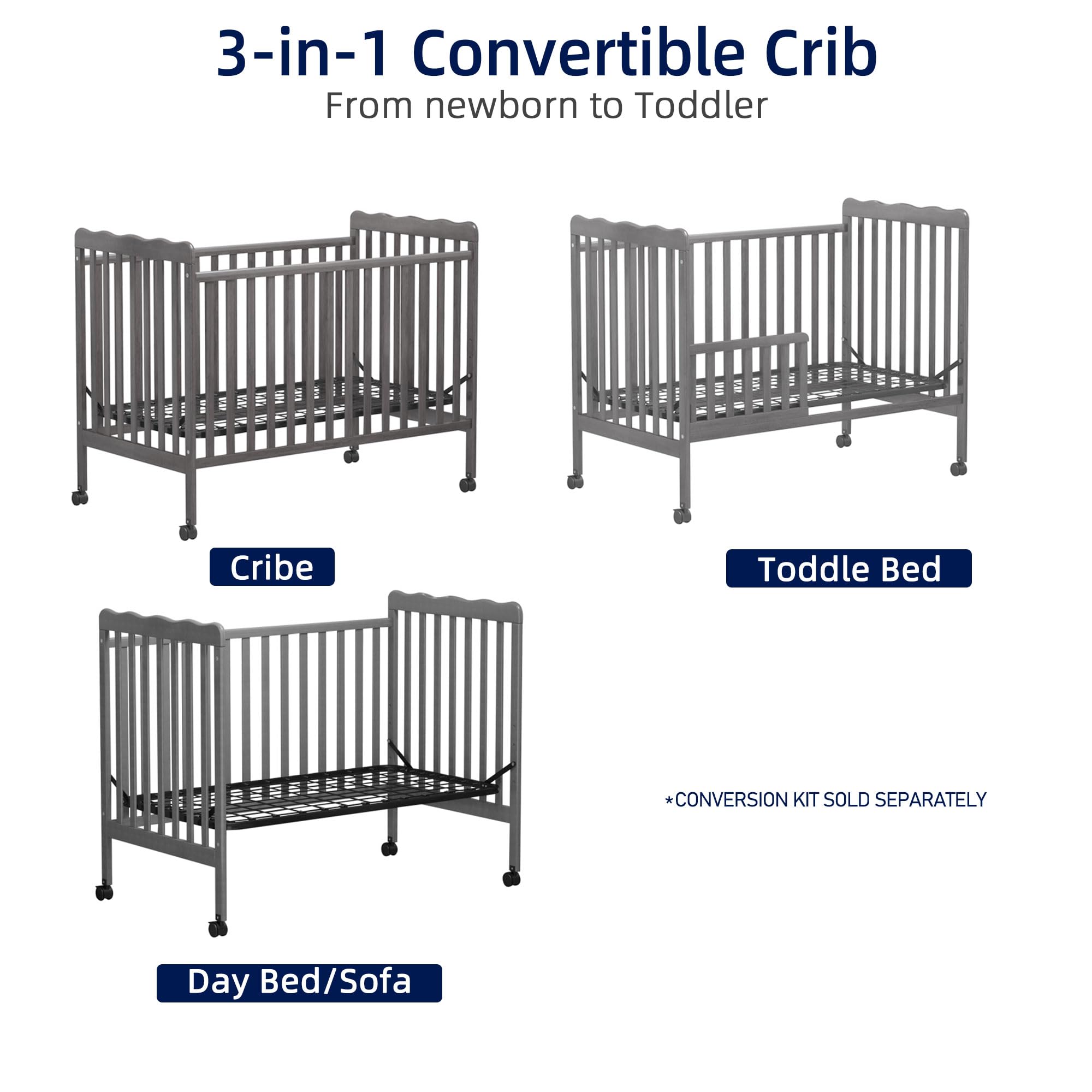 Convertible Baby Crib 3-in-1 to Toddler Bed - Full Size Nursery Furniture with Locking Wheels, Non-Toxic Finish (Storm Gray) - Perfect for Newborns to Toddlers in Modern Nurseries