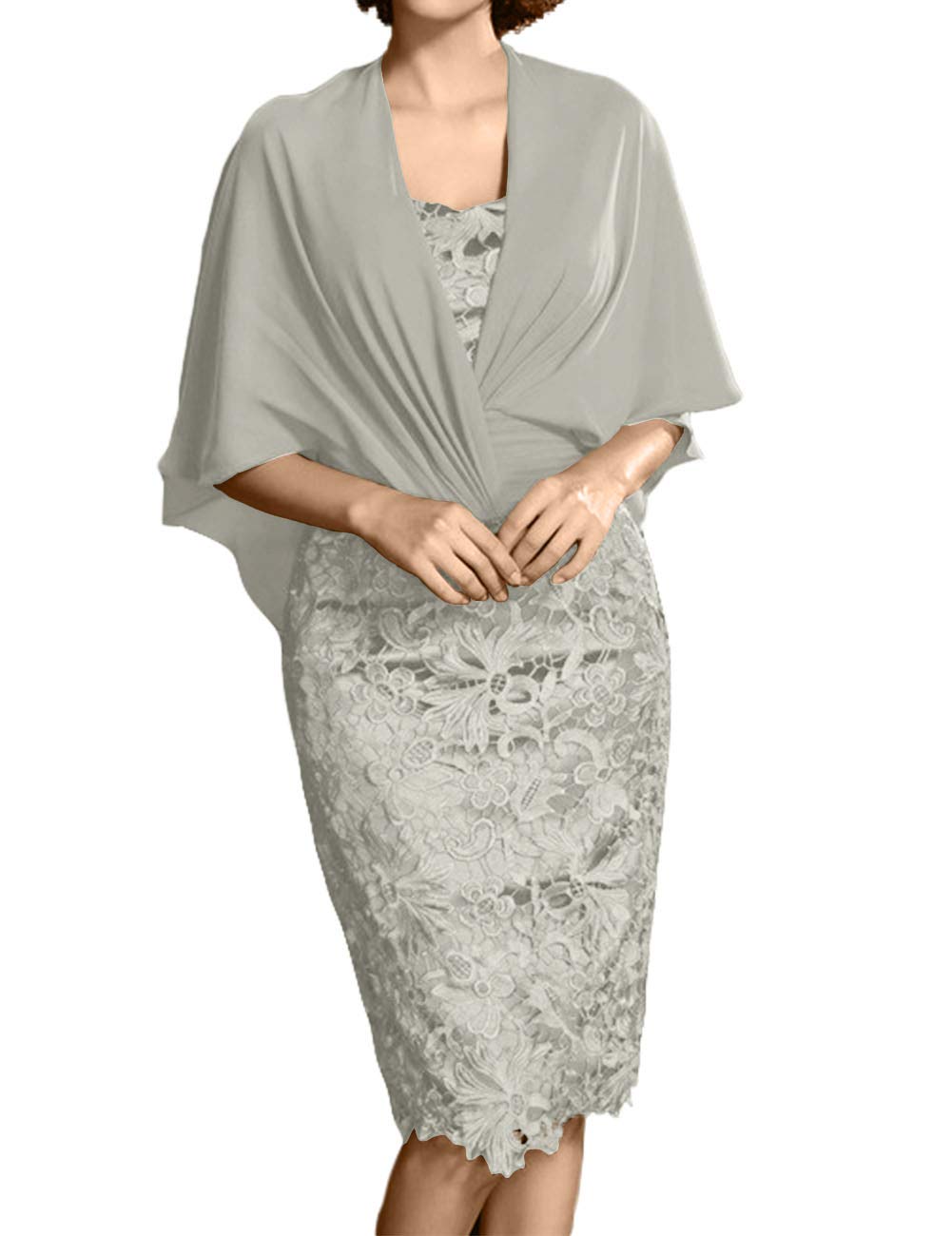 Elegant Lace Mother of The Bride Dress - Short Evening Formal Gown with Chiffon Wrap Shawl for Weddings, Parties & Special Occasions