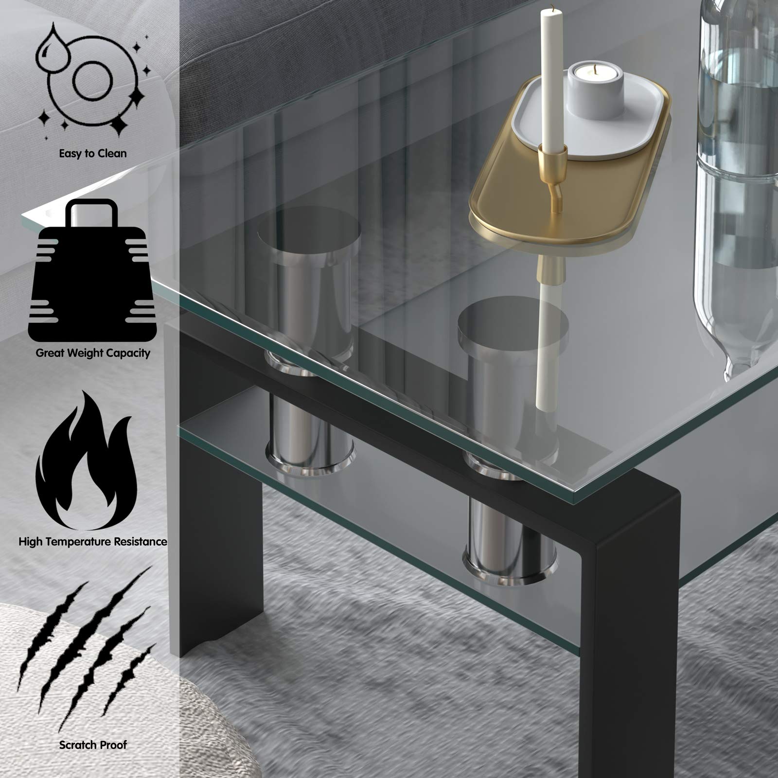 Tangkula Modern Rectangular Glass Coffee Table with Lower Shelf - Tempered Glass Top & Sturdy Metal Legs - Perfect for Living Room, Office, or Lounge (Black) - Ideal for Coffee, Books, and Decor Display