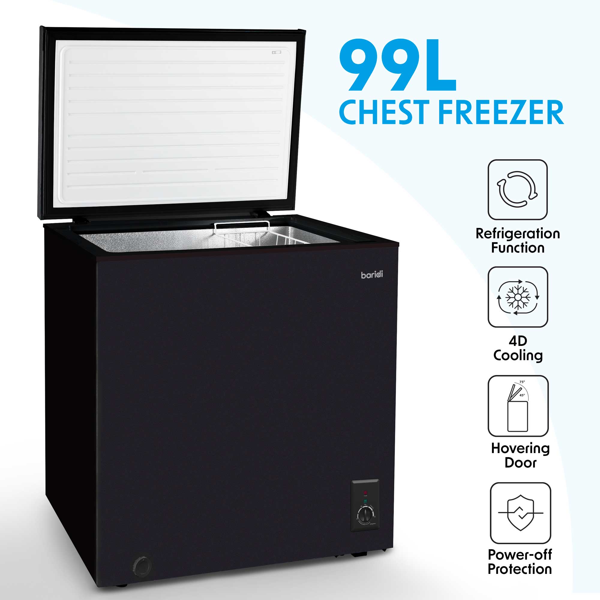 Baridi 3.5 Cubic Feet Freestanding Chest Freezer - 99L Energy Efficient Deep Freezer for Garage, Basement & Outdoor Use - Adjustable Thermostat, Black (Model DH153) - Perfect for Bulk Food Storage, Meal Prep & Hunting Game Preservation