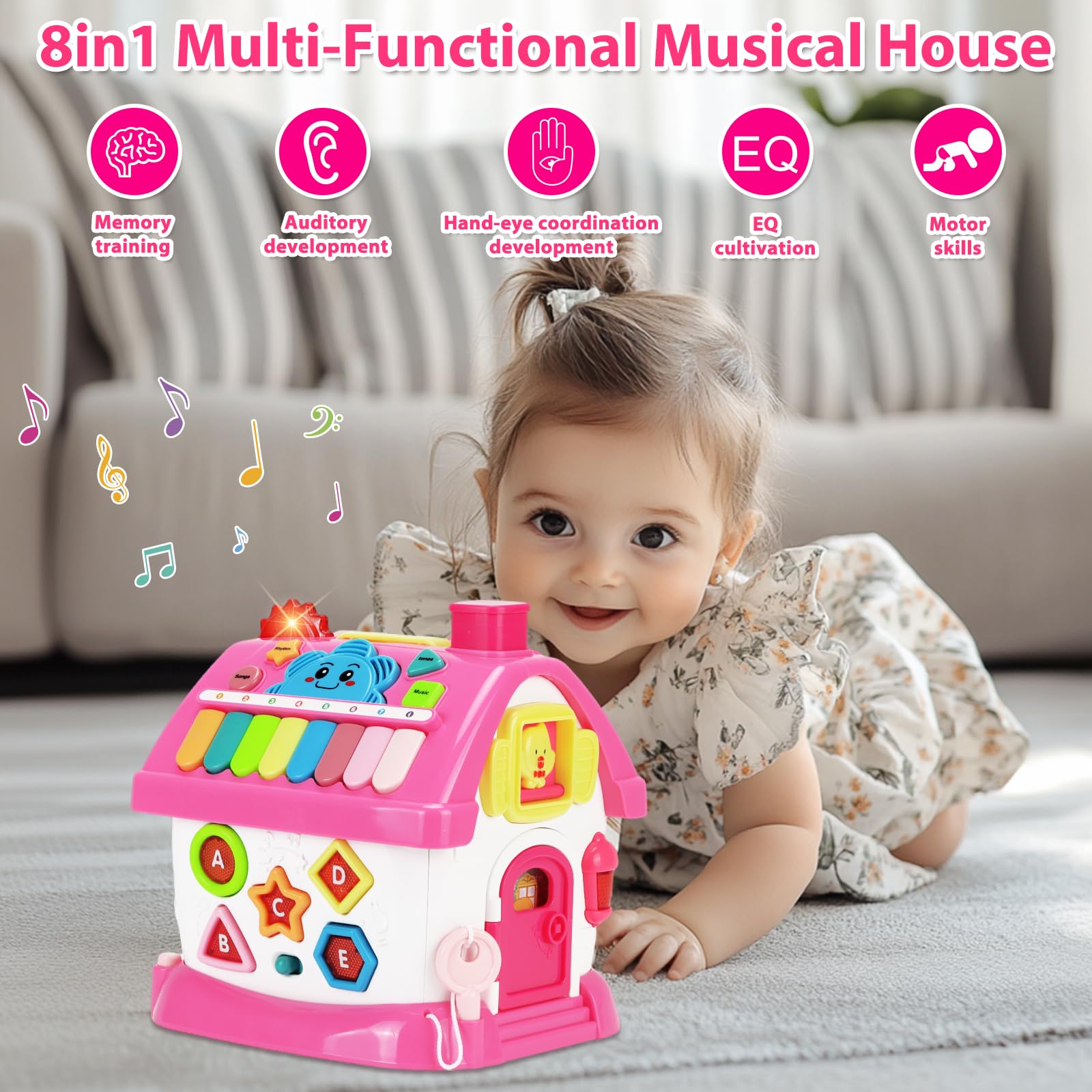 Aitbay 8-in-1 Multi-Functional Montessori House Toy for 1-3 Year Old Girls - Educational Musical Baby Toy Gift for 6-18 Months - Perfect for 1st Birthday & Christmas Presents - Interactive Learning & Playtime Fun for Toddlers