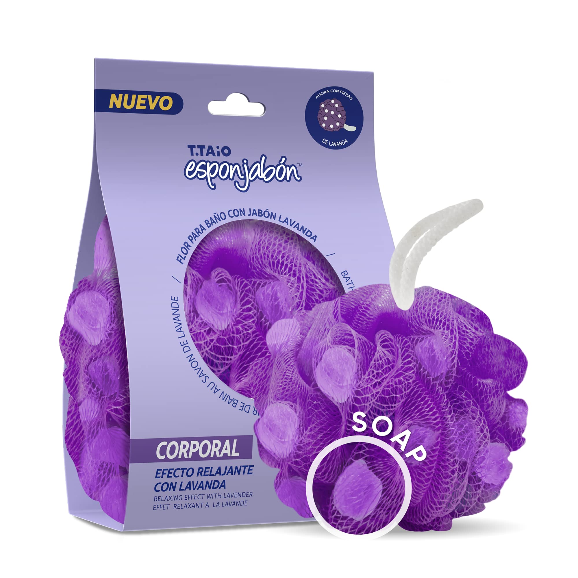 T.Taio Premium Loofah Bath Sponge & Body Scrubber - Exfoliating Mesh Pouf for Deep Cleansing & Lathering - Lavender Scented Shower Accessories - Perfect for Daily Skin Care & Spa Experience at Home