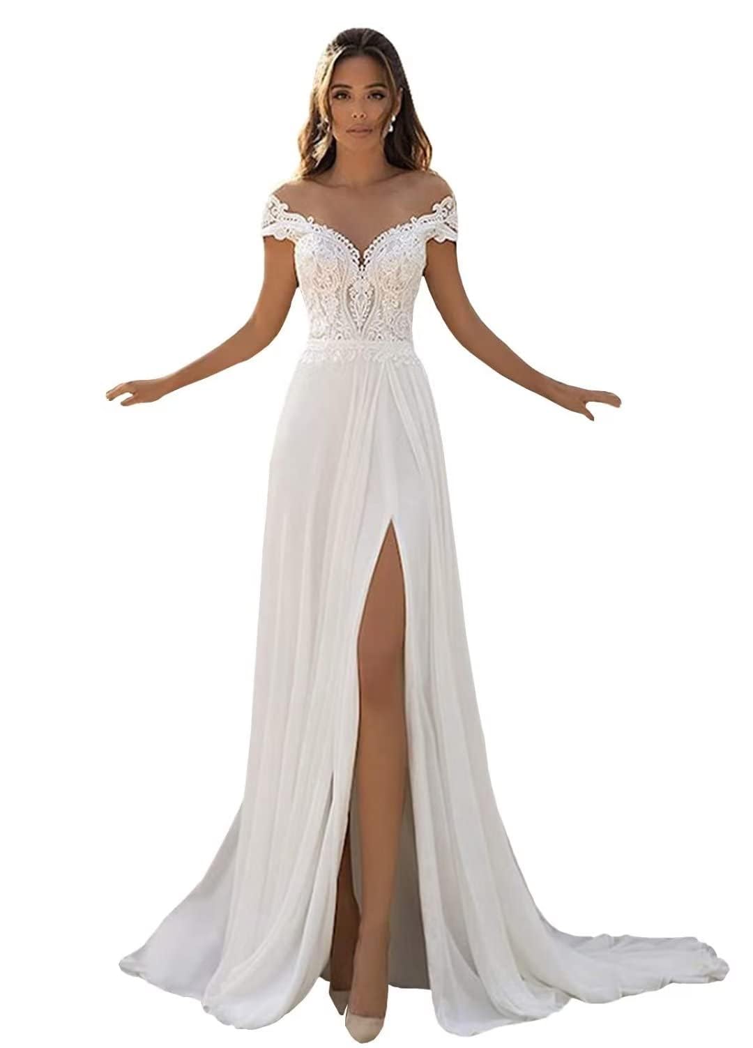 **POMUYOO Women's Beach Wedding Dress 2024 – Elegant Lace Appliques Bridal Gown for Bride, Boho Style – Perfect for Beach, Destination, and Outdoor Weddings**