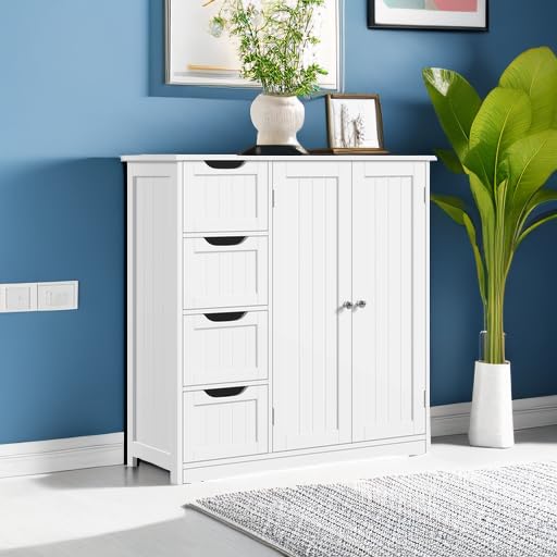 Yaheetech White Wooden Bathroom Storage Cabinet with 4 Drawers & Double Doors - Freestanding Entryway Organizer, Bathroom Furniture & Home Decor - Perfect for Bathroom Organization, Bedroom Storage, and Entryway Console Table