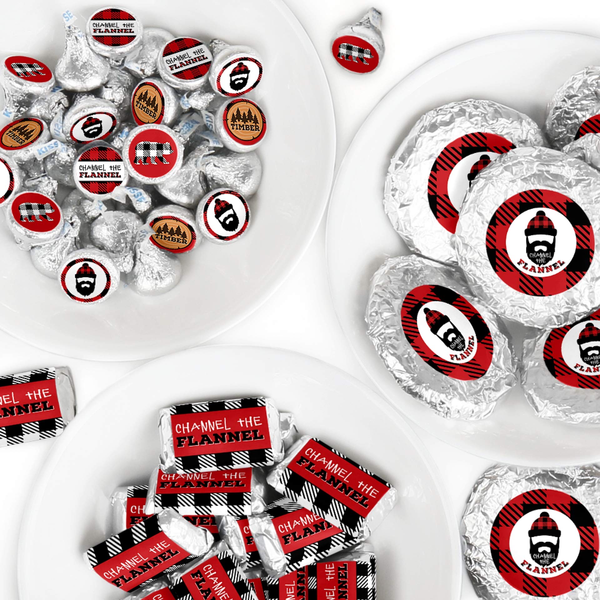 Big Dot of Happiness Lumberjack Party Supplies - 304pcs Buffalo Plaid Candy Wrappers & Circle Stickers Kit for Candy Favors - Perfect for Birthday Parties, Baby Showers & Themed Events