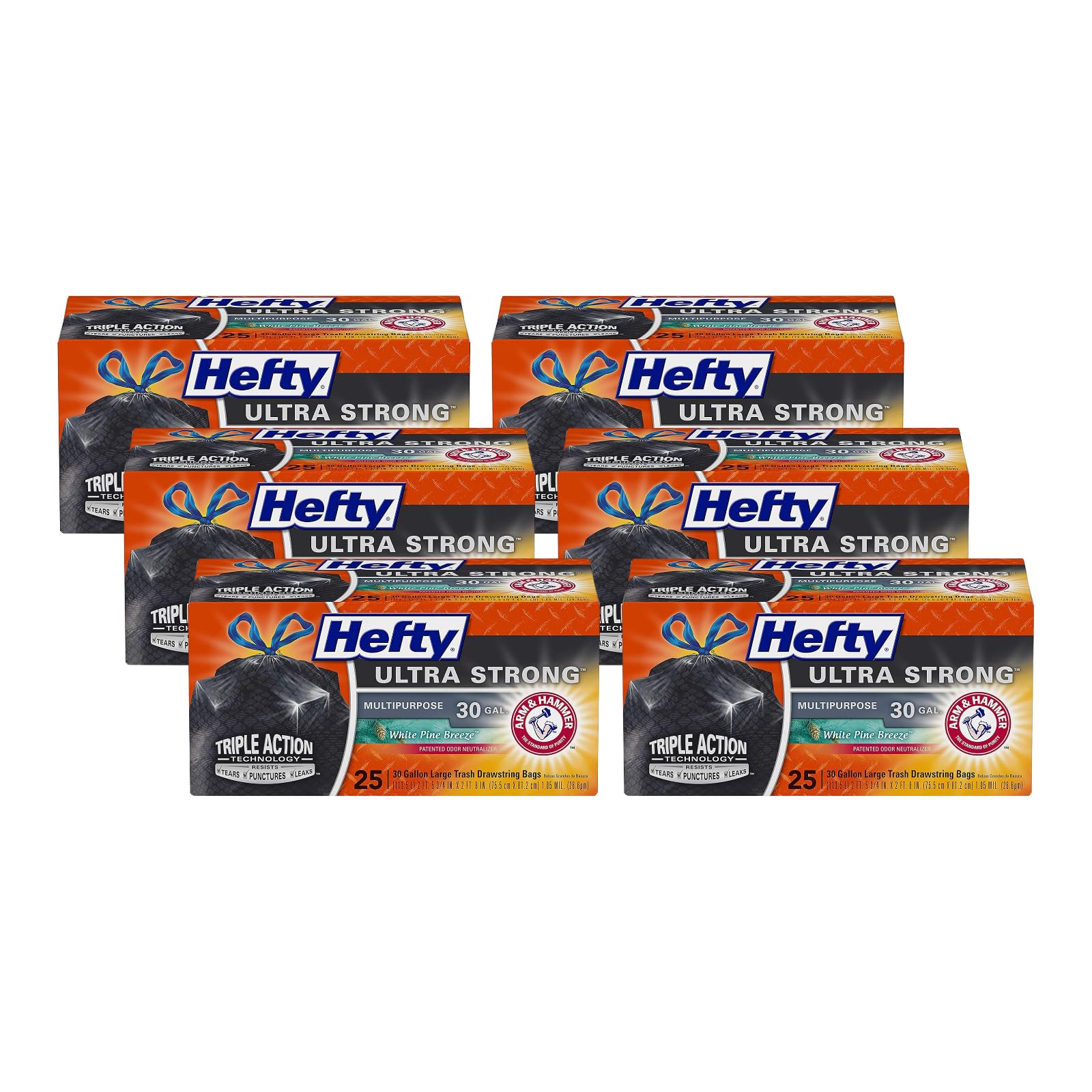Hefty Ultra Strong 30 Gallon Drawstring Trash Bags - 25 Count (Pack of 6) | Heavy Duty Kitchen & Outdoor Garbage Bags with White Pine Breeze Scent | Perfect for Home, Office, Camping & Yard Waste Disposal