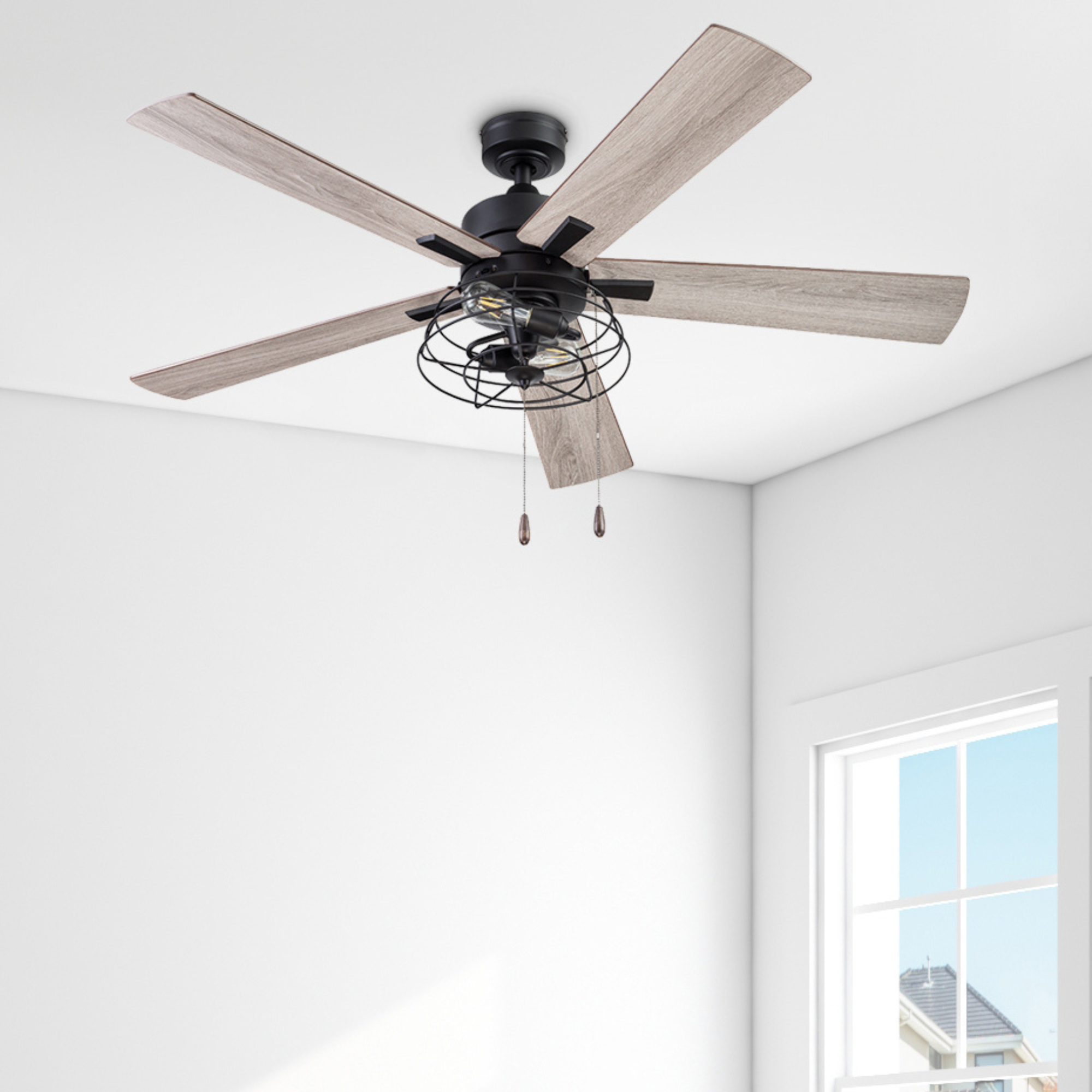52 Inch Matte Black Ceiling Fan with Pull Chain - Marshall Style - Perfect for Living Room, Bedroom, and Outdoor Patio