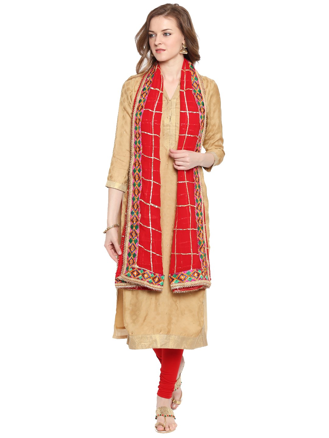 Stylish Red & Gold Phulkari Border Dupatta Scarf for Women - Perfect for Weddings, Parties & Ethnic Outfits