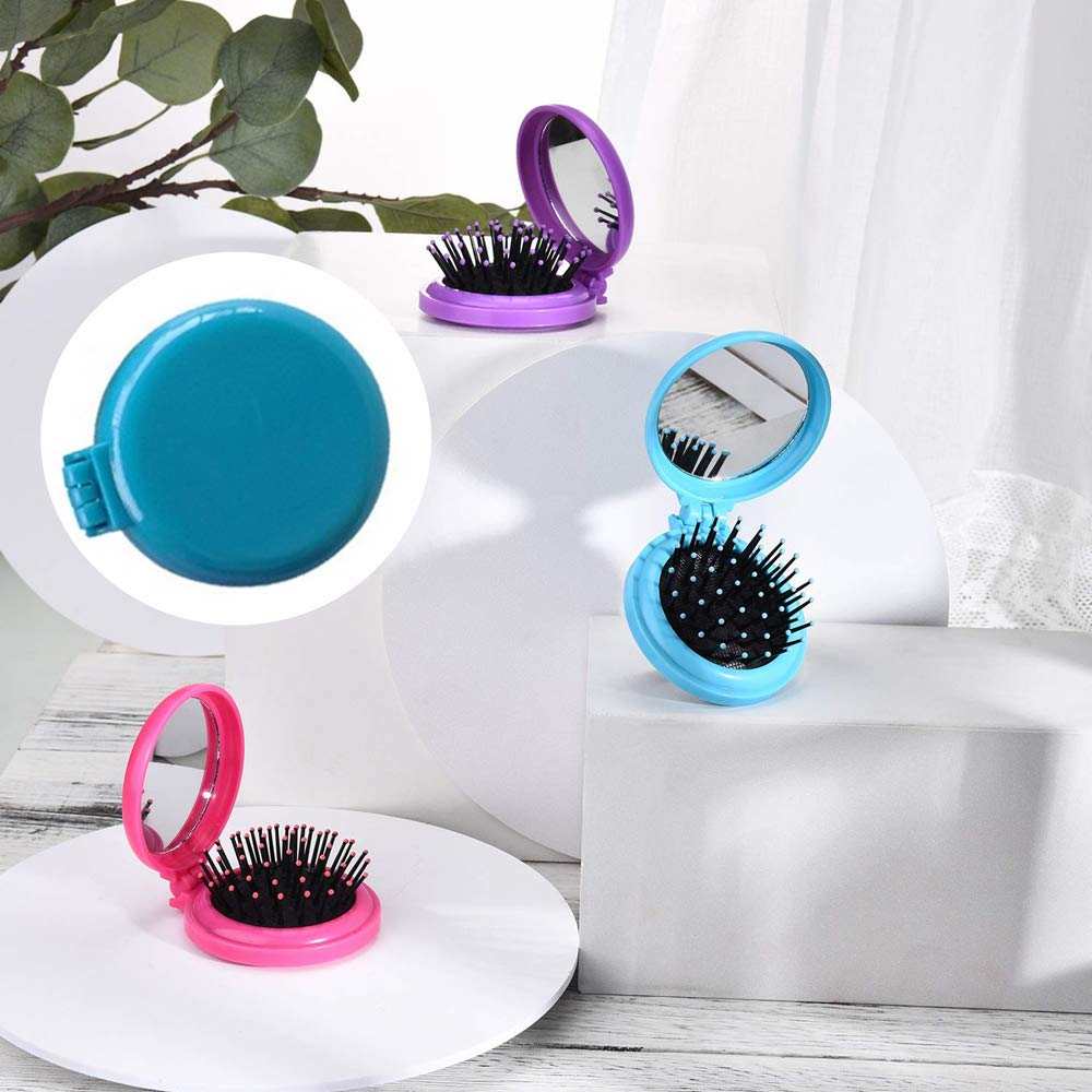 4 Pack Folding Travel Hair Brush with Mirror - Mini Round Pocket Hair Comb for Women & Girls, Compact Hair Massage Comb for On-the-Go, Gym, Purse & Travel Essentials (Black)