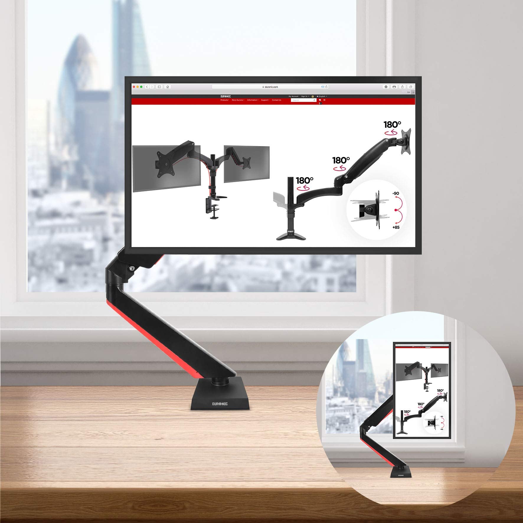 Duronic DMGM5X1 Single Monitor Arm Stand - Adjustable Height Desk Mount for 15-32 Inch Screens | VESA 75/100 Compatible | 8kg Capacity | 360° Rotation & Tilt | Red LED Lights | Perfect for Home Office & Gaming Setup