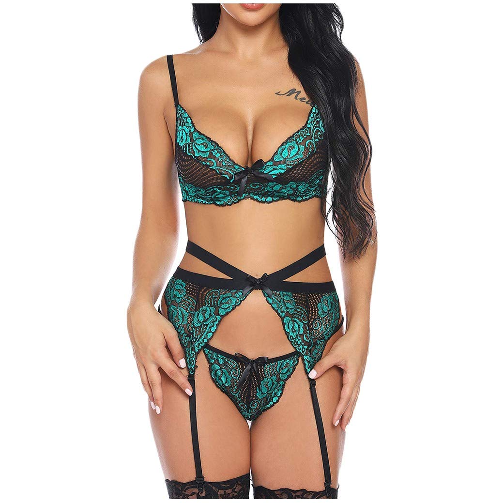 **Kingtowag Women's Lingerie Set - Sexy Lace Bra & Thong with Garter, Embroidery Detail, Cleavage Cover (Green, XXXL) - Perfect for Valentine's Day, Boudoir Photos & Special Occasions**