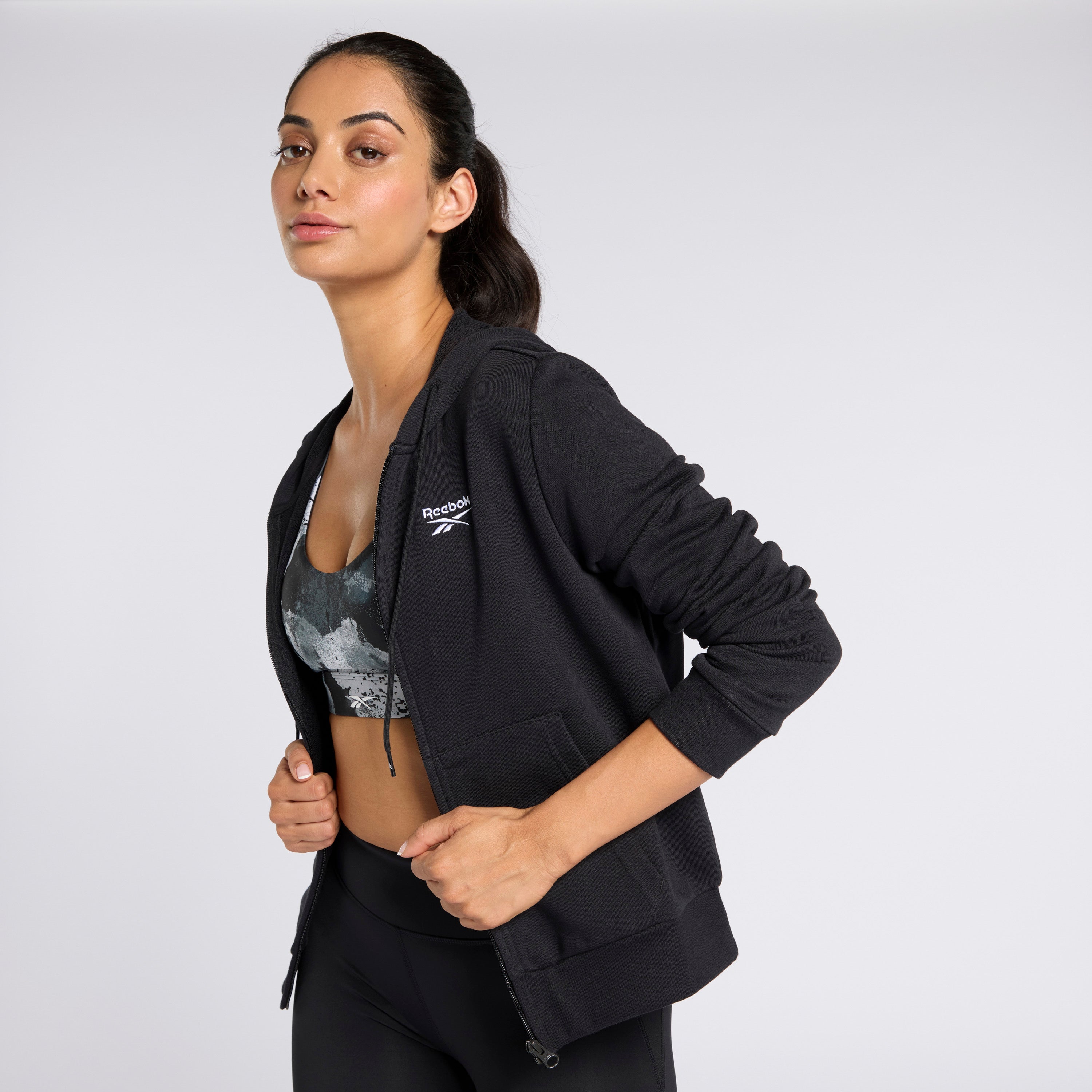Reebok ID SL French Terry Full-Zip Hoodie for Men & Women - Black | Comfortable & Stylish Casual Wear for Gym, Running, and Everyday Use