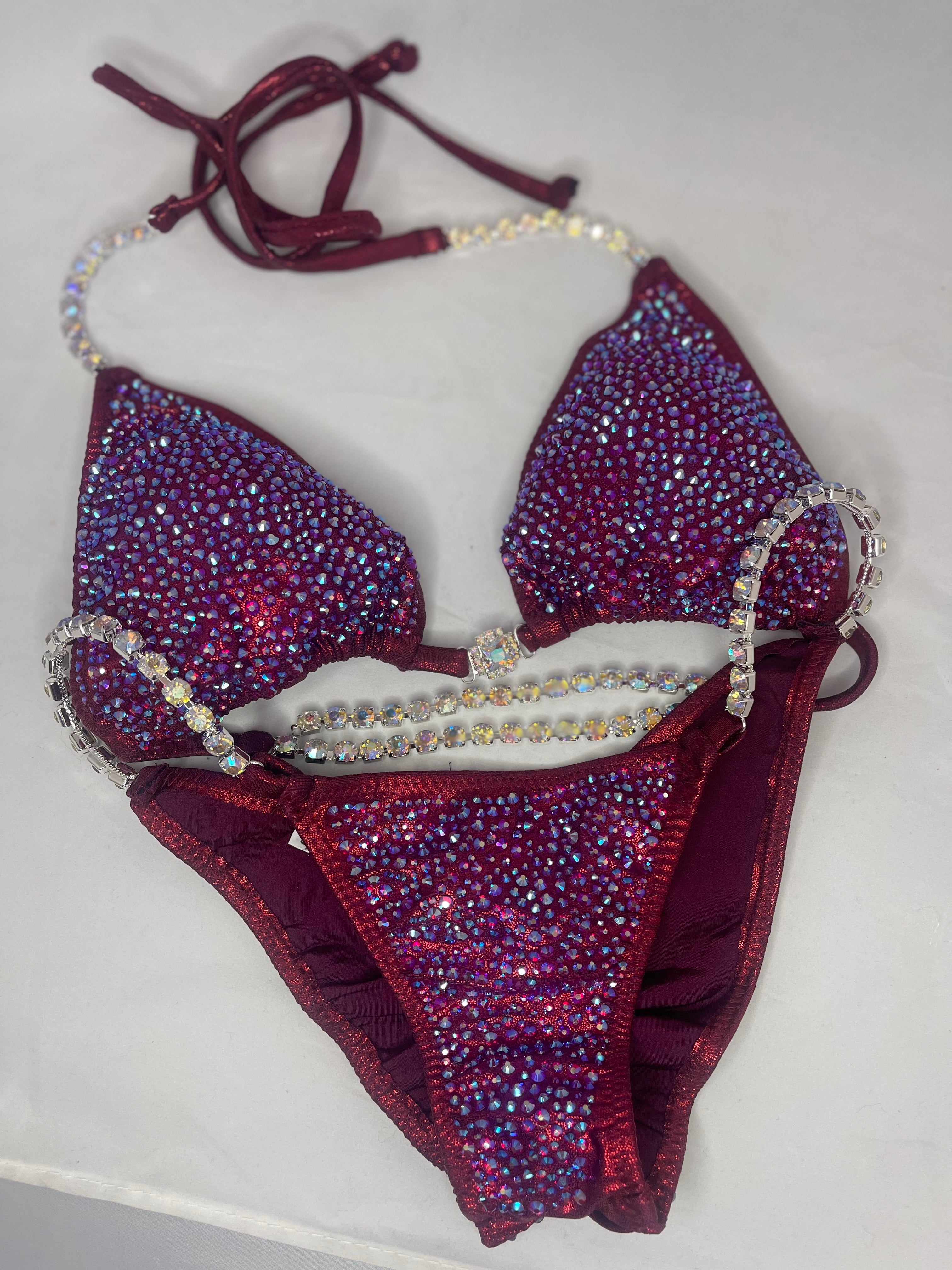 Burgundy Dark Red Maroon Bikini with Multi-Colored Rhinestone Design | Shimmering Swimsuit for Beach, Pool Party & Vacation | Statement Women's Swimwear