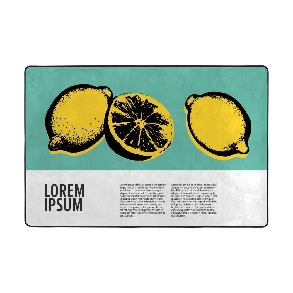 Hand Drawn Lemon Area Rug - Non Slip Large Carpet for Living Room & Nursery - Washable Soft Polyester Floor Mat (6'7