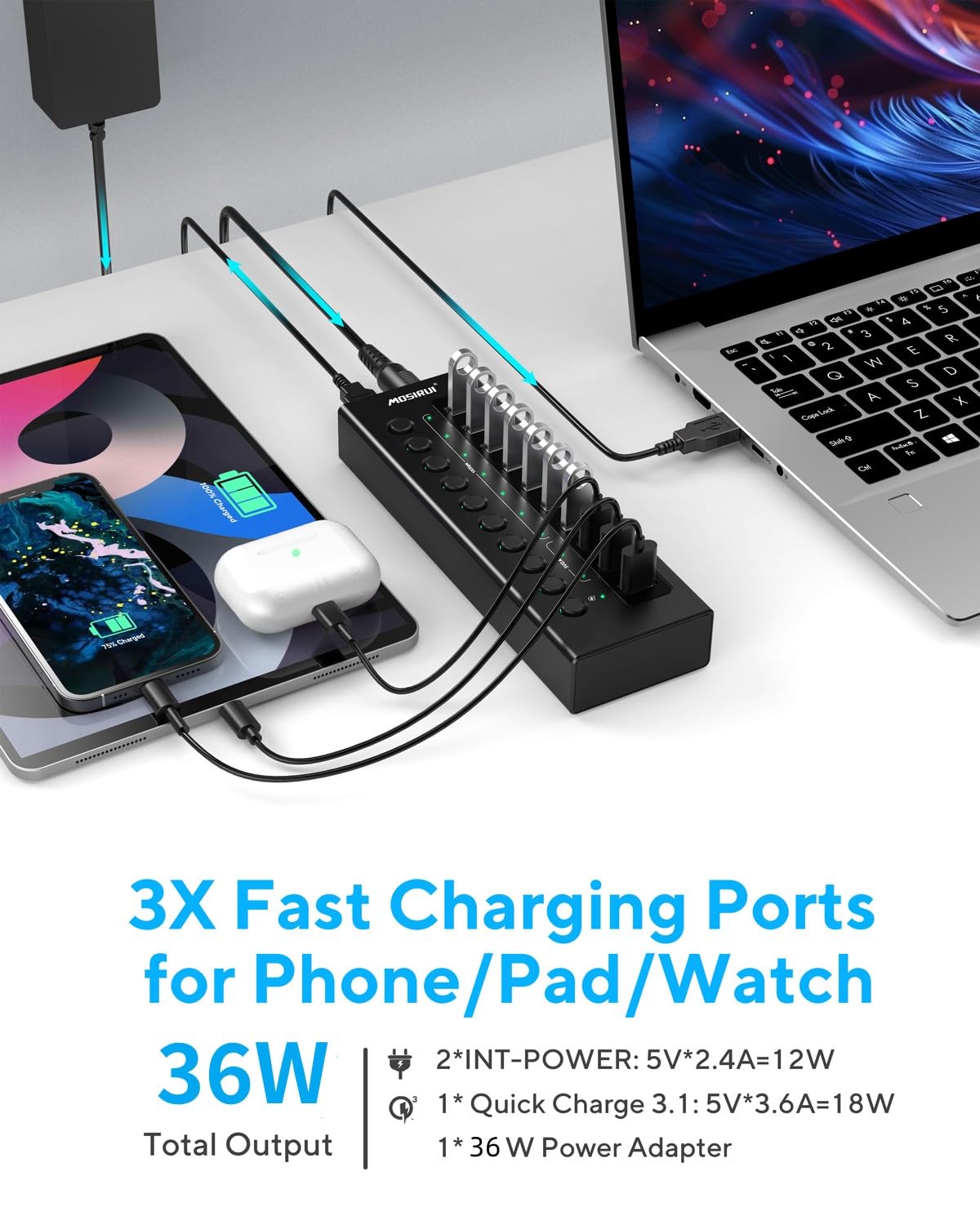10-Port USB 3.2 Hub with Fast Charging - 10Gbps Data Transfer for PC & Laptop - Home & Office Use