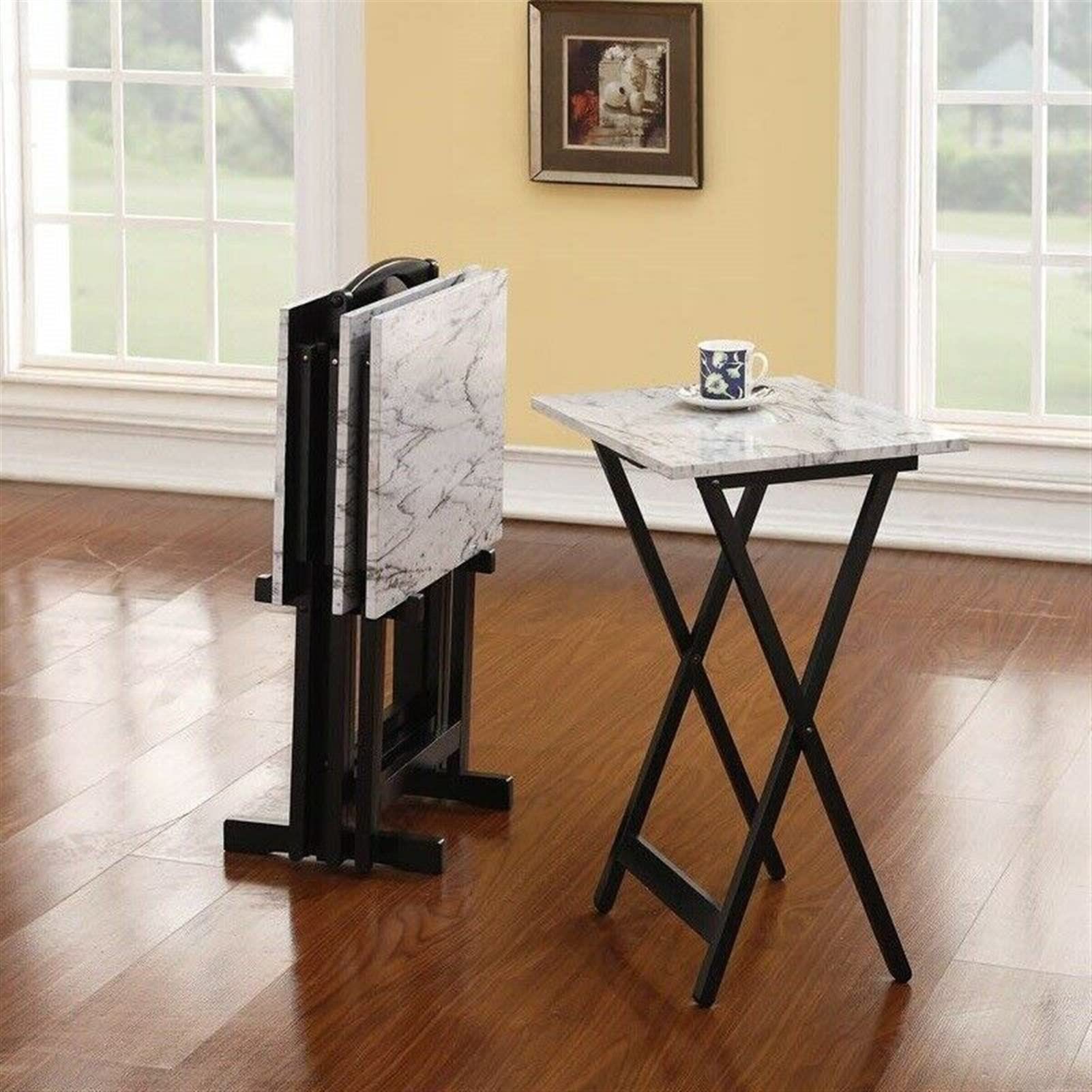 ADHW Folding Wood TV Tray Set of 4 - Portable Snack Tables for Living Room, Bedroom & Office - Sturdy Dinner Trays with Stand for Eating, Working & Entertaining