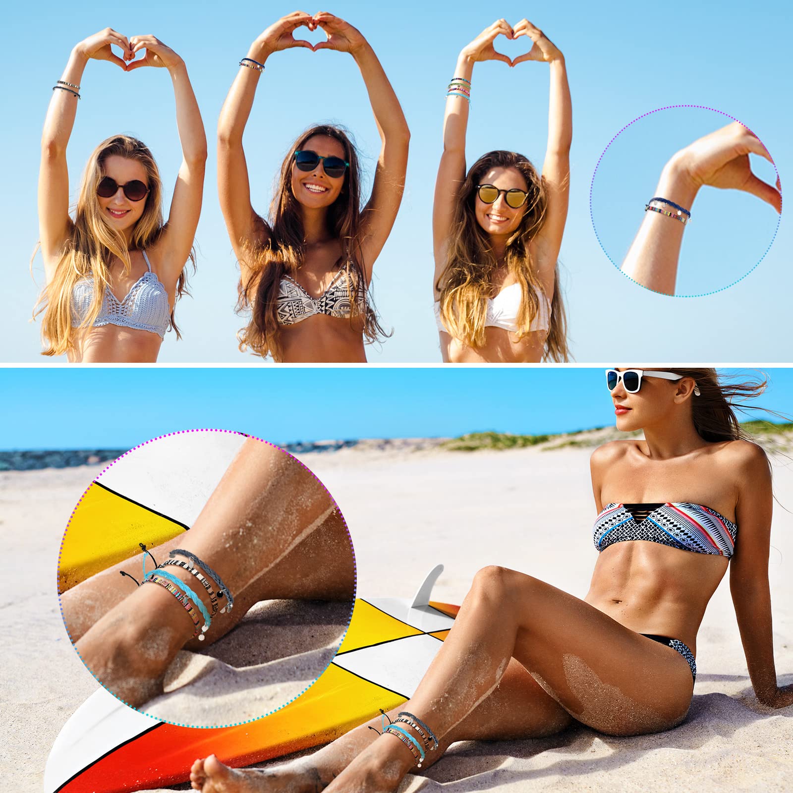 Jadive 6-Piece Bohemian Surfer Bracelet Set - Adjustable Woven Ankle & Wrist Bracelets for Women - Braided Bangle Jewelry - Perfect for Beach, Festival, and Christmas Gifts