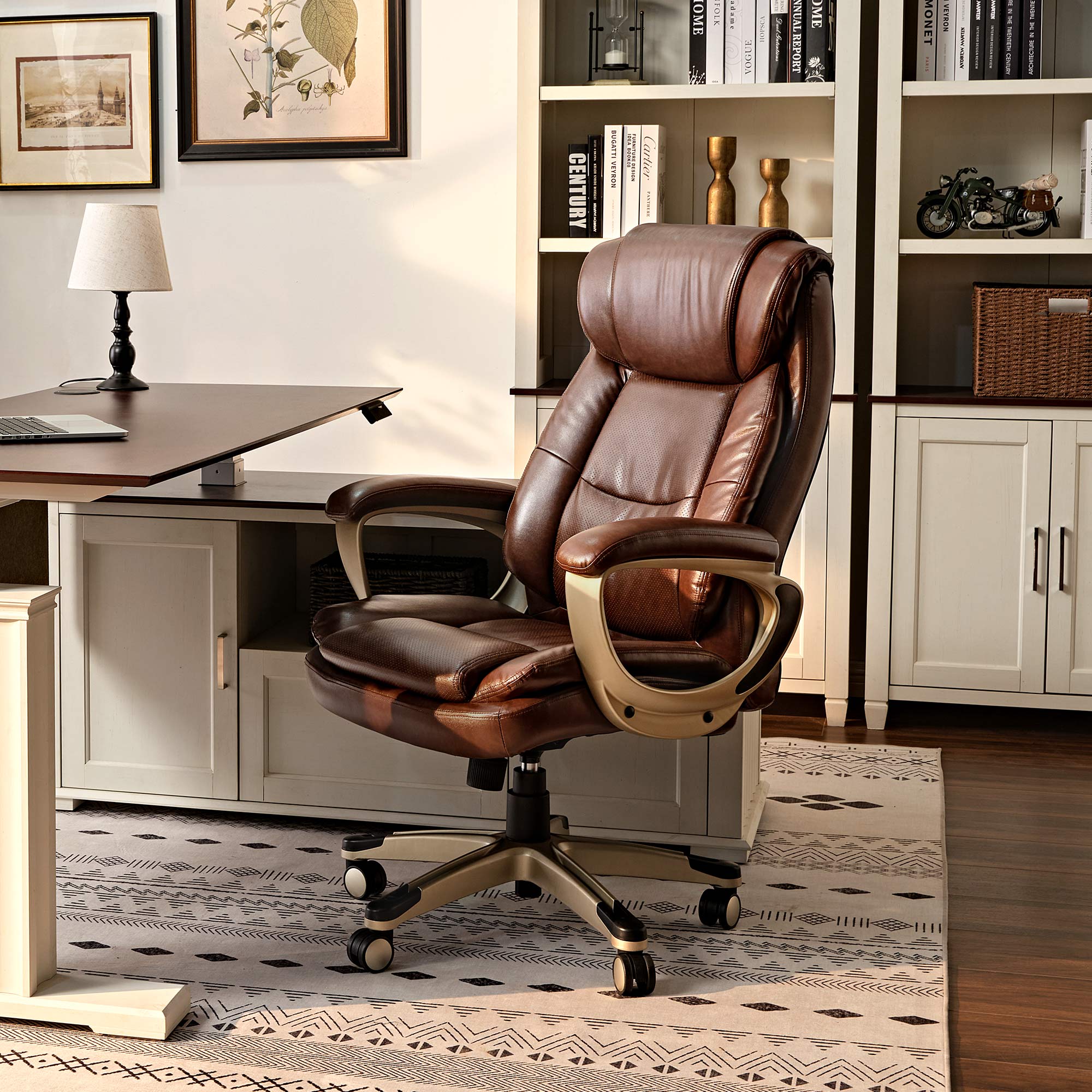 Premium PU Leather Executive Office Chair - Ergonomic High Back Desk Chair with Adjustable Height & Lumbar Support for Home & Office Workspaces