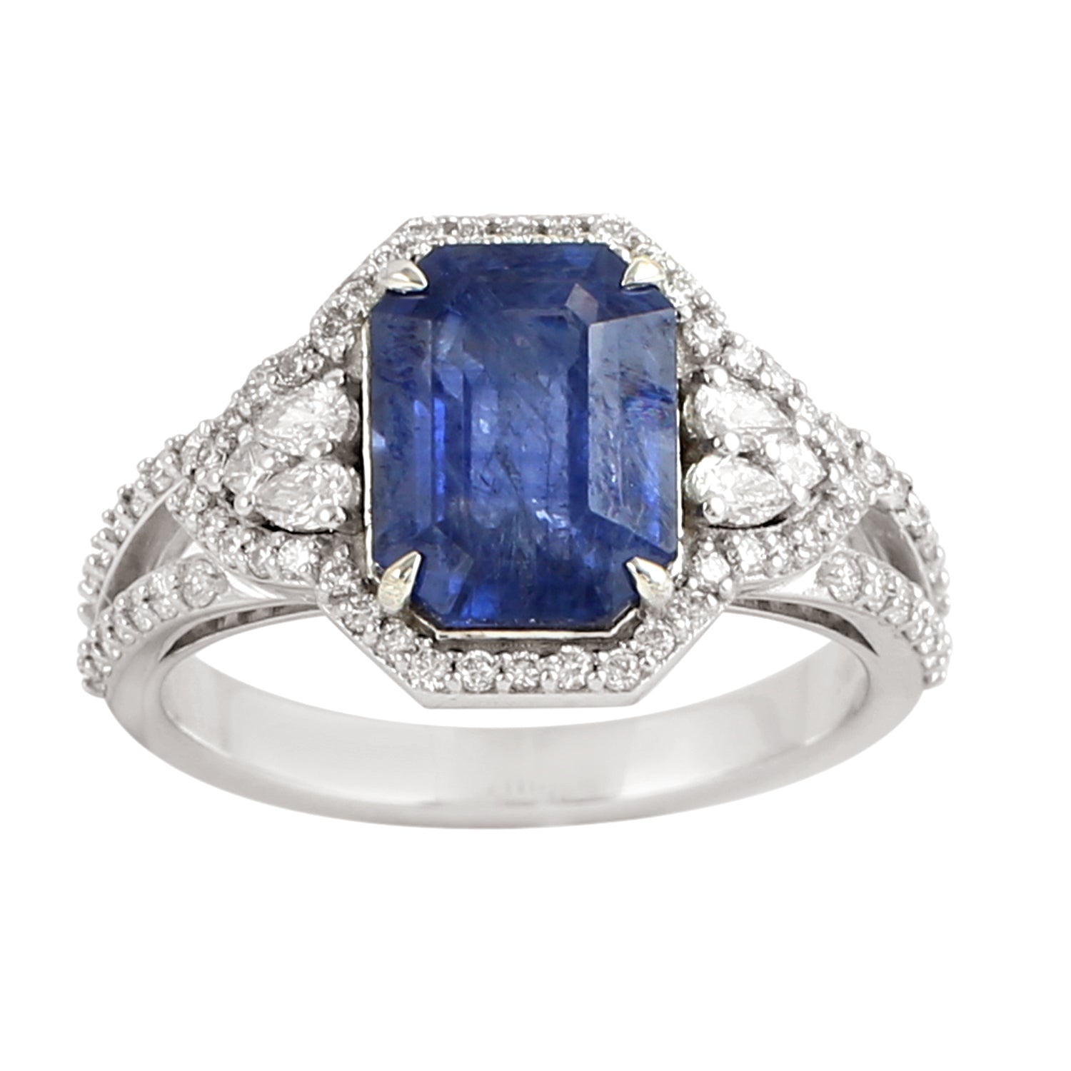 Emerald Cut Sapphire & Rose Cut Diamond Solitaire Ring in 14K White Gold for Women - Perfect for Engagement, Anniversary & Special Occasions