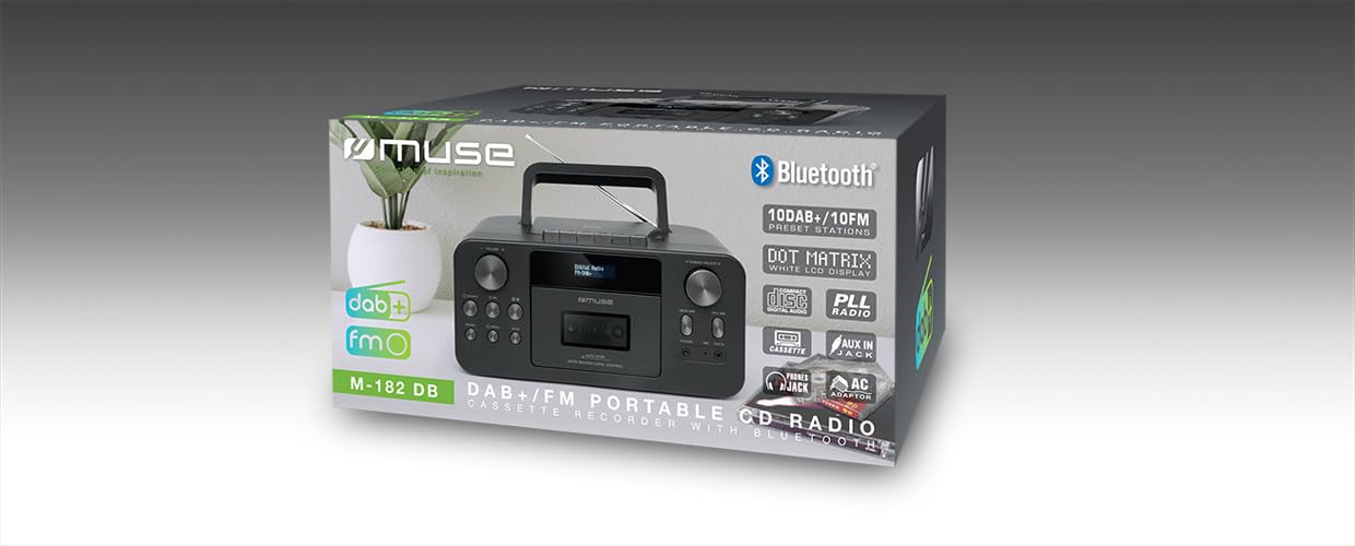MUSE M-182 DB AM/FM Radio with Cassette Player and CD Player - Portable Stereo Boombox for Home, Office, and Outdoor Use