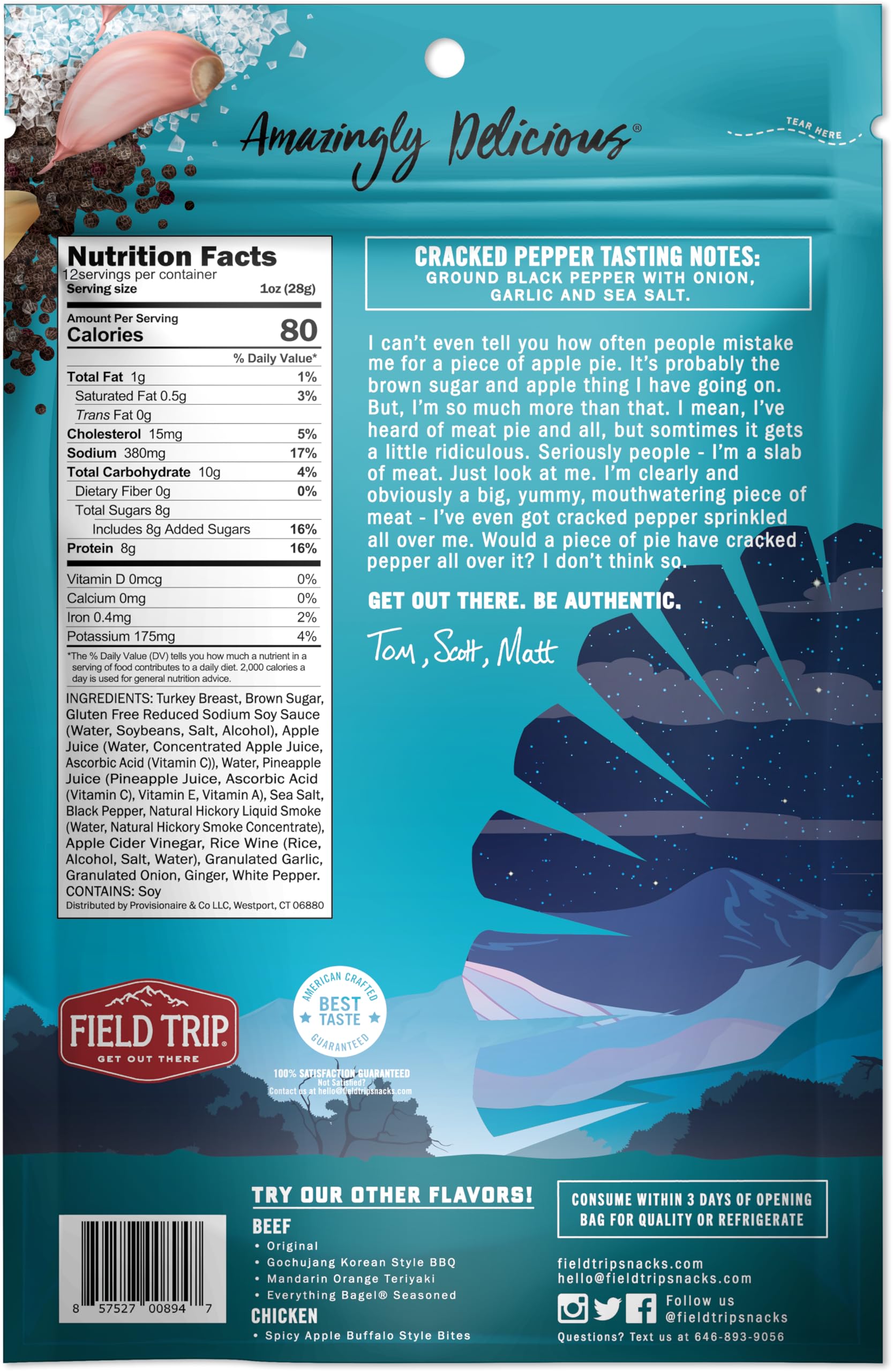 Field Trip Turkey Jerky - All Natural Gluten Free Dried Turkey Meat | Healthy Paleo-Friendly Low Carb High Protein Snack | No Nitrates | 12oz Bag | Cracked Pepper Flavor | Perfect for Hiking, Camping & Keto Diet