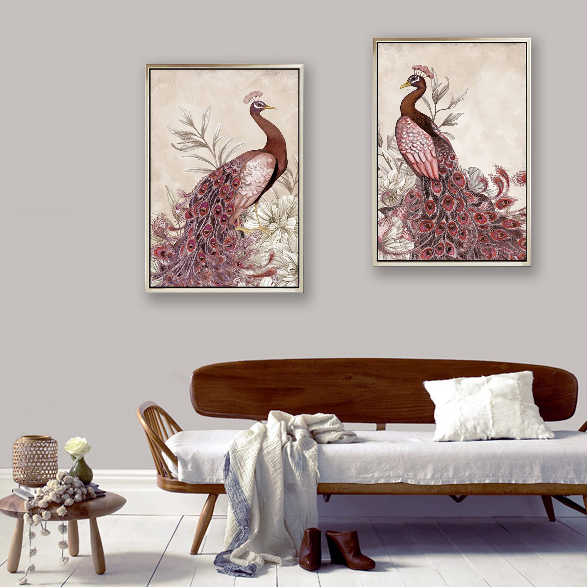 Peacock Framed Wall Art - 2 Panels Canvas Pink Peacock Tail Feather with Flowers Painting, Animal Wall Décor for Living Room, Bedroom, Bathroom & Farmhouse - Perfect for Home Decor, Housewarming Gifts & Office Wall Art (24