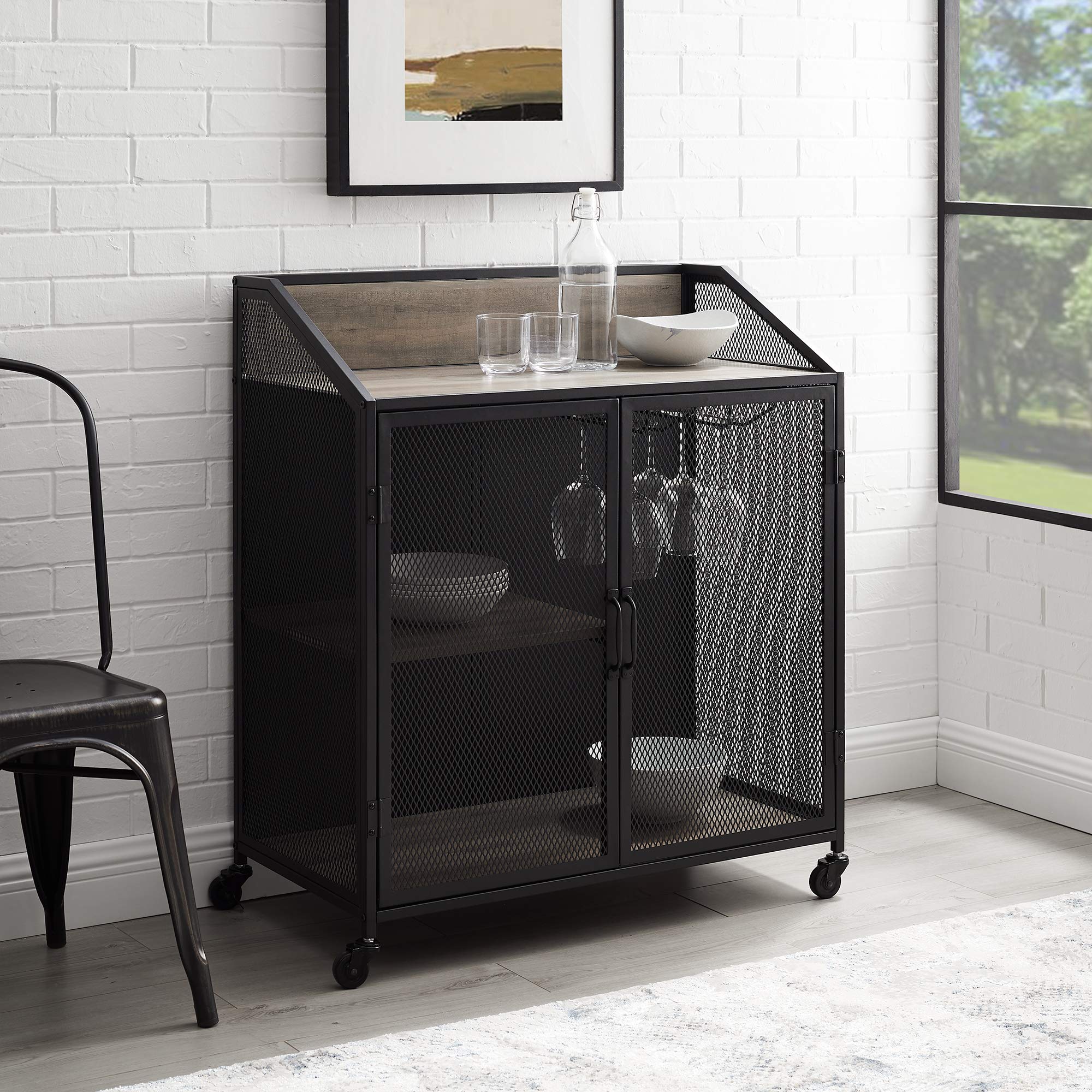 Walker Edison Malcomb Urban Industrial Metal Mesh Double Door Rolling Bar Cabinet, 33 Inch, Grey - Perfect for Home Bars, Kitchen Storage & Living Room Organization