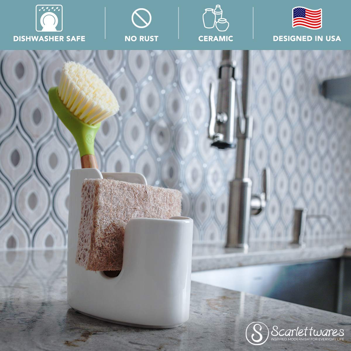 Modern White Ceramic Kitchen Sink Caddy - Sponge & Scrub Brush Holder for Farmhouse Style
