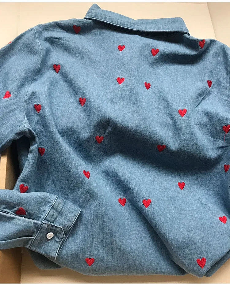 Women's Heart Embroidery Denim Shirt - Turn Down Collar Long Sleeve Blouse for Valentine's Day Gifts | Casual Wear, Date Night Outfit, Romantic Occasion Fashion