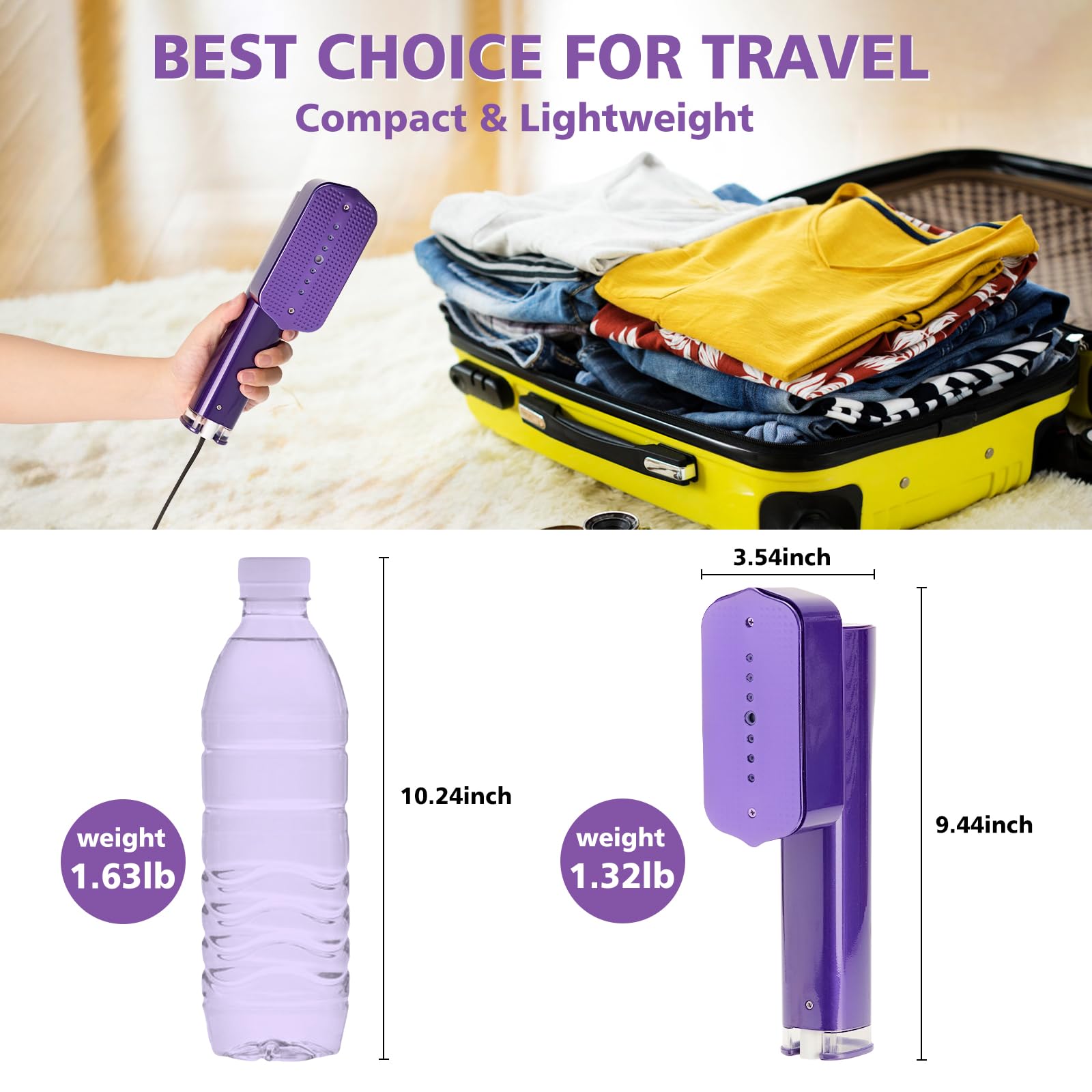 Portable Handheld Steamer for Clothes - 1000W Fast Heating Garment Steamer with 6ft Power Cord, 3 Steam Levels & 2-in-1 Design | Lightweight Travel Steamer for Wrinkles Removal at Home, Office & Hotels | Perfect for Business Trips, Weddings and Daily Outfits