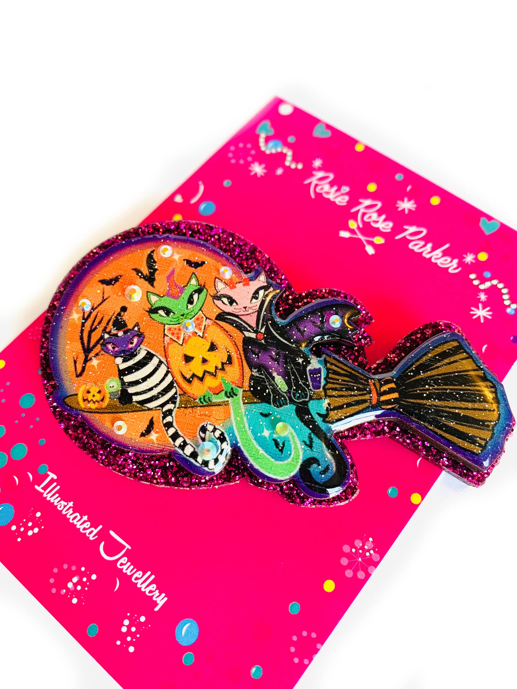 Rosie Rose Parker Cats on a Broomstick Brooch - Vintage Halloween Cat Pin for Witches Costume, Goth Fashion & Book Lover Accessories