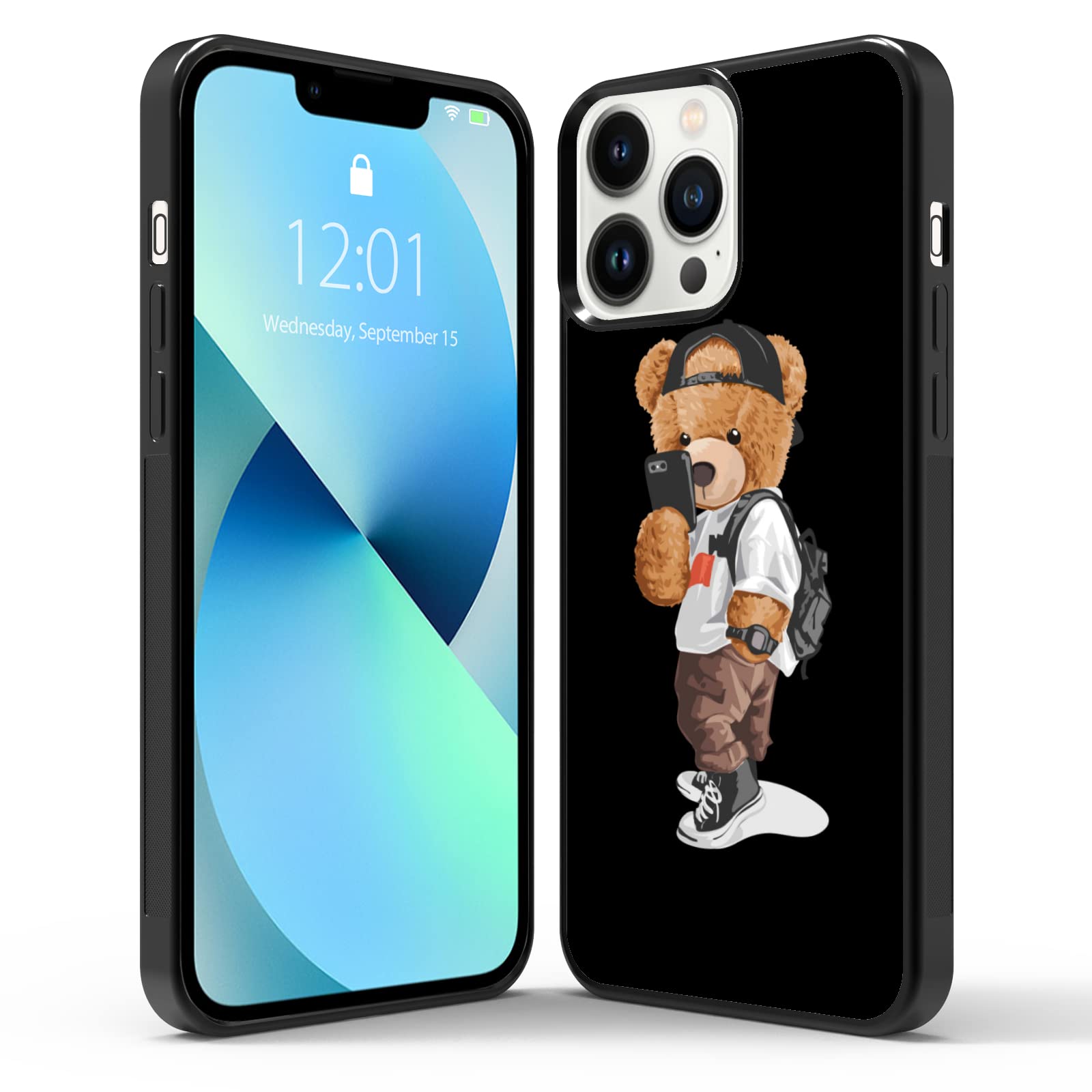 FANXI Cute Bear Shockproof Phone Case for iPhone 13 Pro Max 6.7 Inch - Protective Stylish Cover for Men Women Boys Girls Teens - Perfect for Daily Use, Work, School & Outdoor Activities - Black