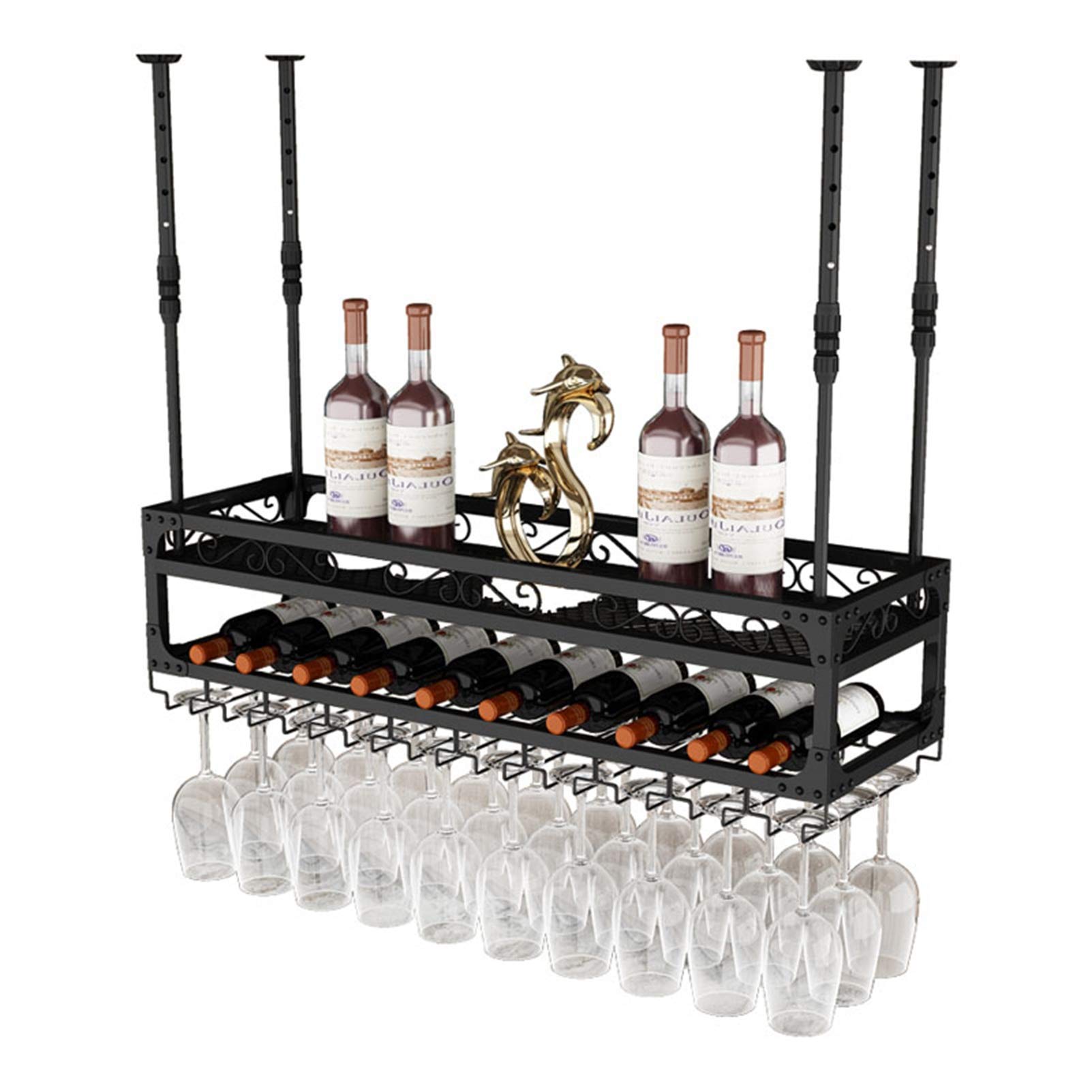 Ceiling Mounted Wine Rack & Glass Holder - Adjustable 2-Tier Industrial Metal Wine Shelf (39.4