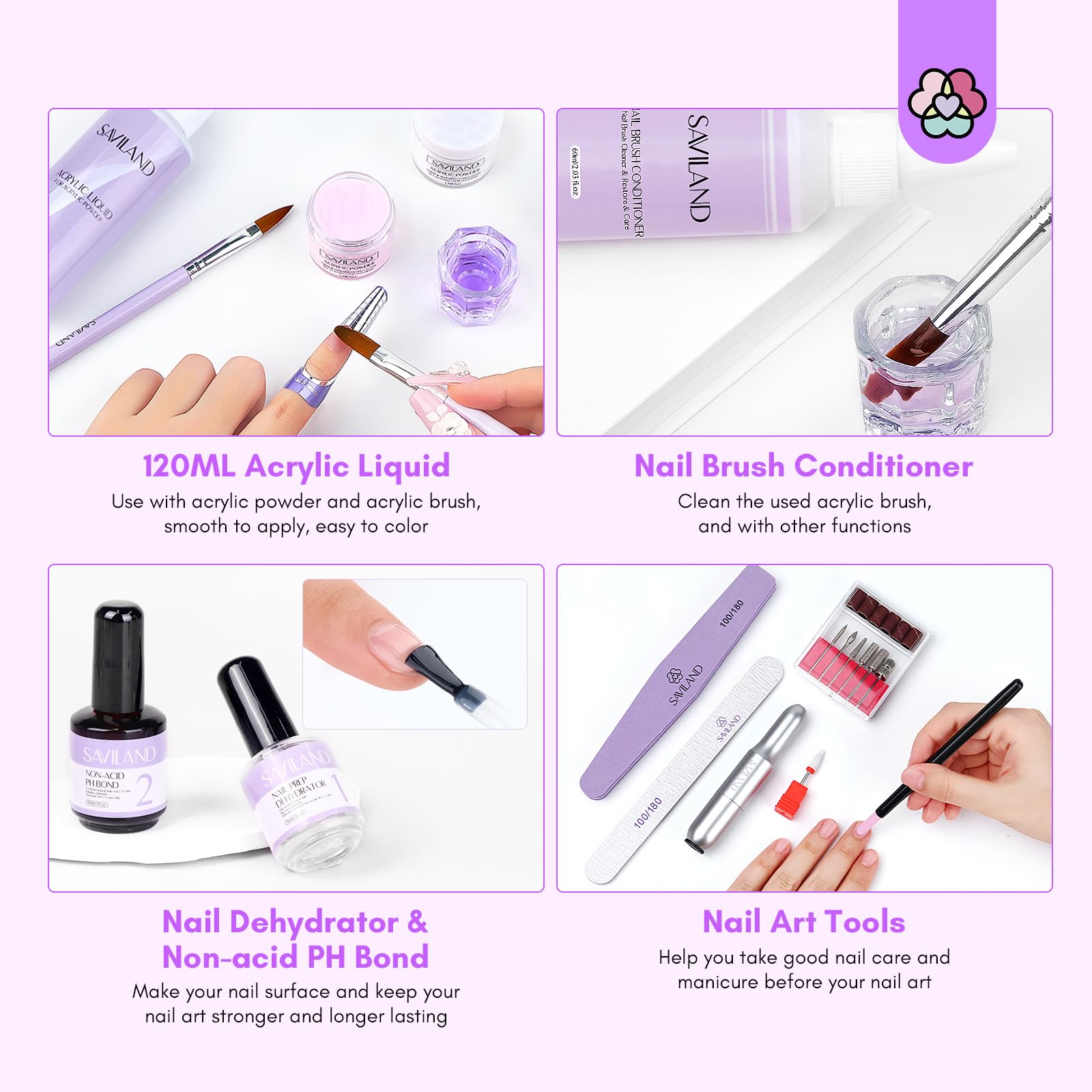 SAVILAND Acrylic Nail Kit for Beginners - 3 Colors Acrylic Powder & 4OZ Liquid Set with 50 Full Cover Nail Tips | DIY Nail Extension Starter Kit for Home Salon & Professional Practice | Perfect for Manicures, Nail Art & Acrylic Nail Applications
