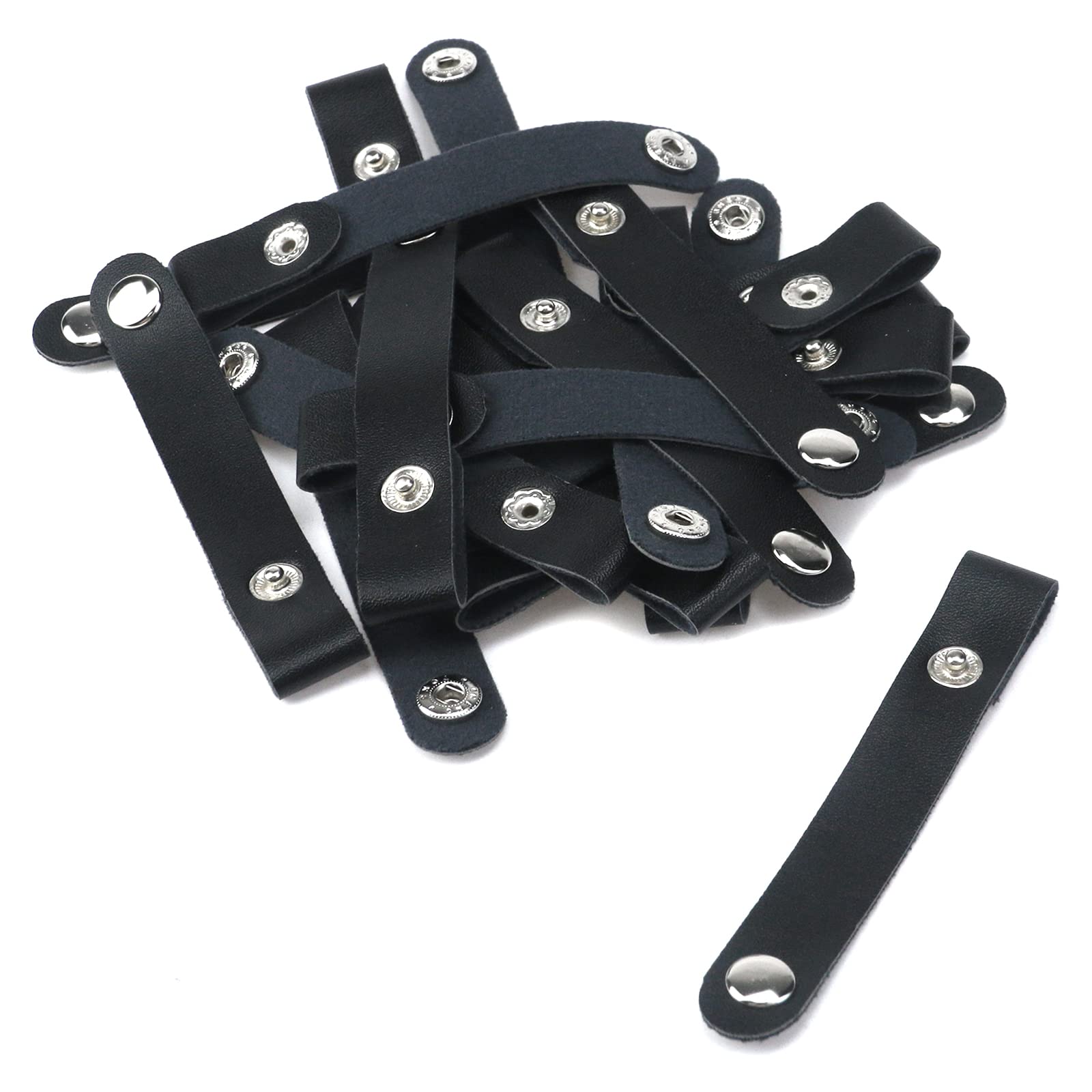 20pcs Black Leather Cable Straps with Snap Fastener - Reusable Leather Cable Ties for Charger, Extension Cord & Wire Management - Perfect for Home, Office & Travel Organization