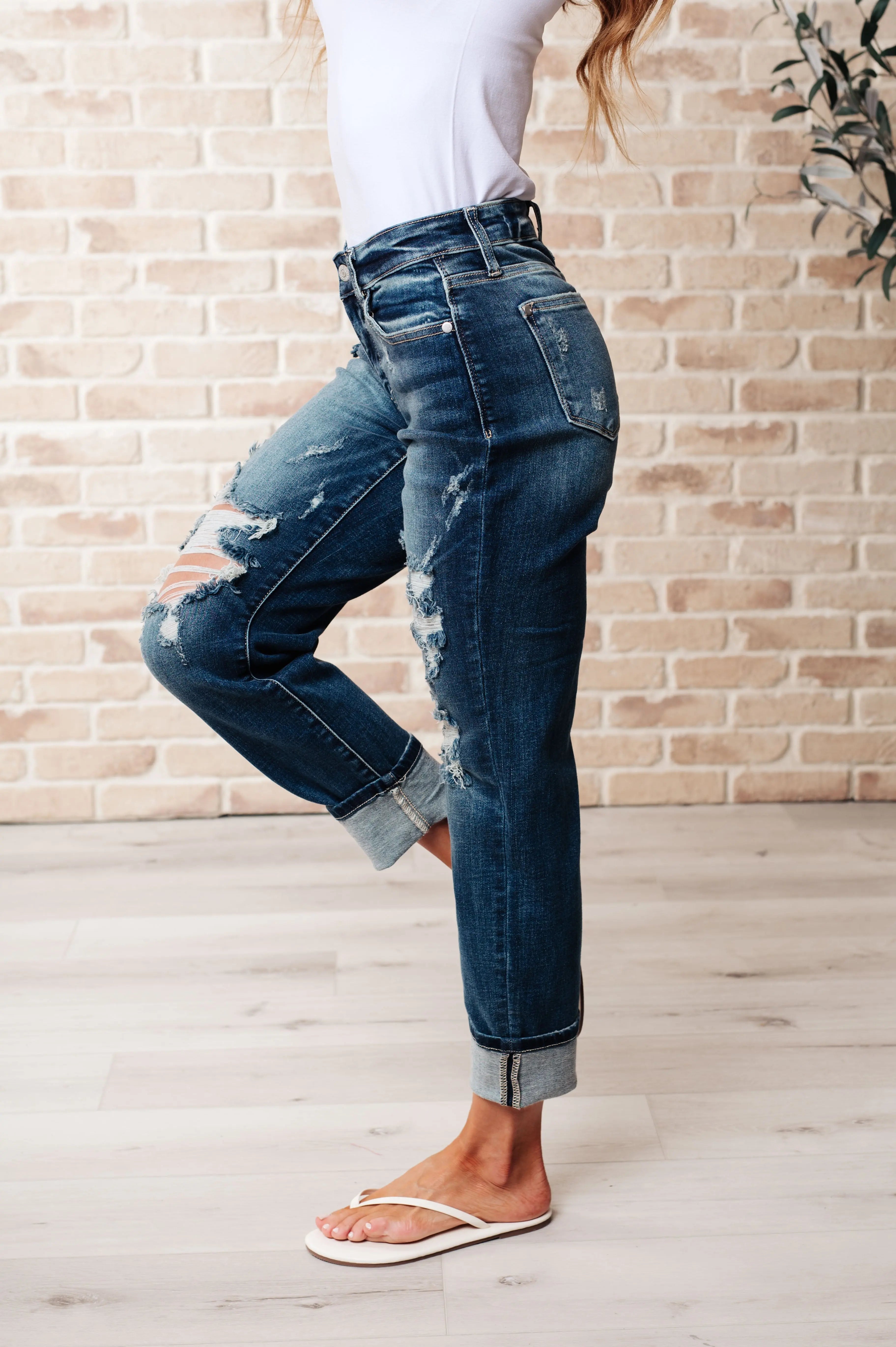 Danny Mid Rise Cuffed Destroyed Boyfriend Jeans for Women - Distressed Denim Pants with Comfortable Stretch - Perfect for Casual Outings, Street Style & Everyday Wear