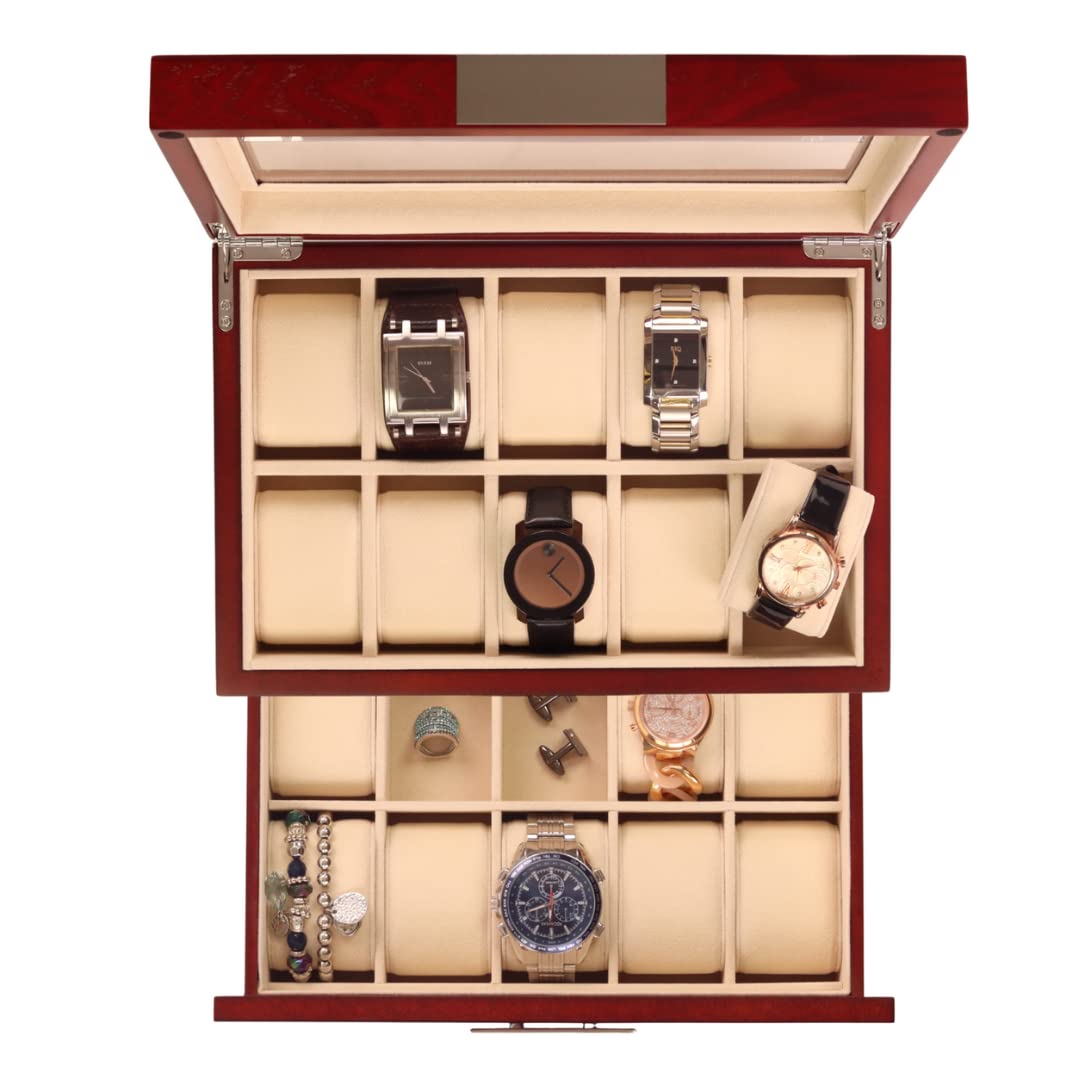 Cherry Oak Wood 20 Slot Watch Display Case & Jewelry Box Storage Organizer - Elegant Watch and Jewelry Organizer for Men & Women - Perfect for Home, Office, and Travel Accessory Storage