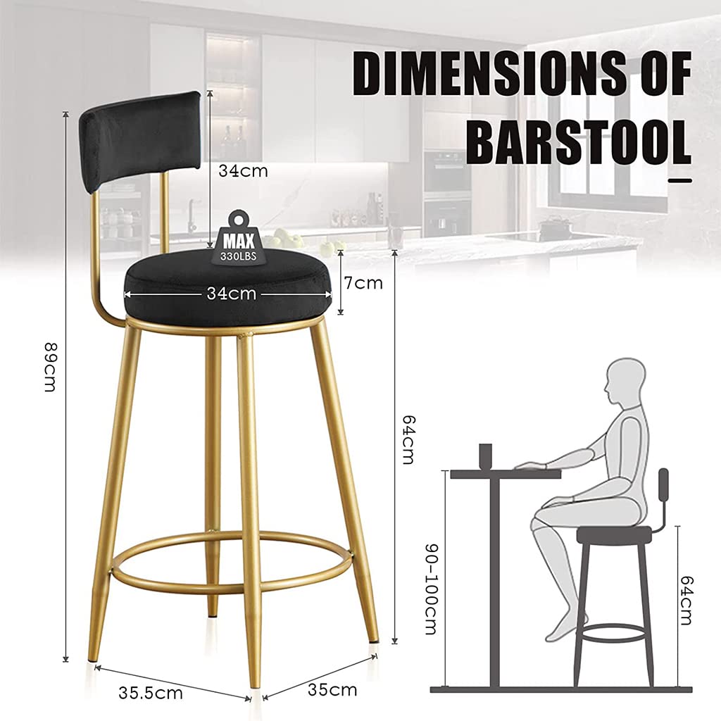 Velvet Upholstered Modern Bar Stools with Golden Metal Legs & Footrest - Counter Height Kitchen Island Stools for Breakfast Nook, Home Bar, Pub & Restaurant Dining