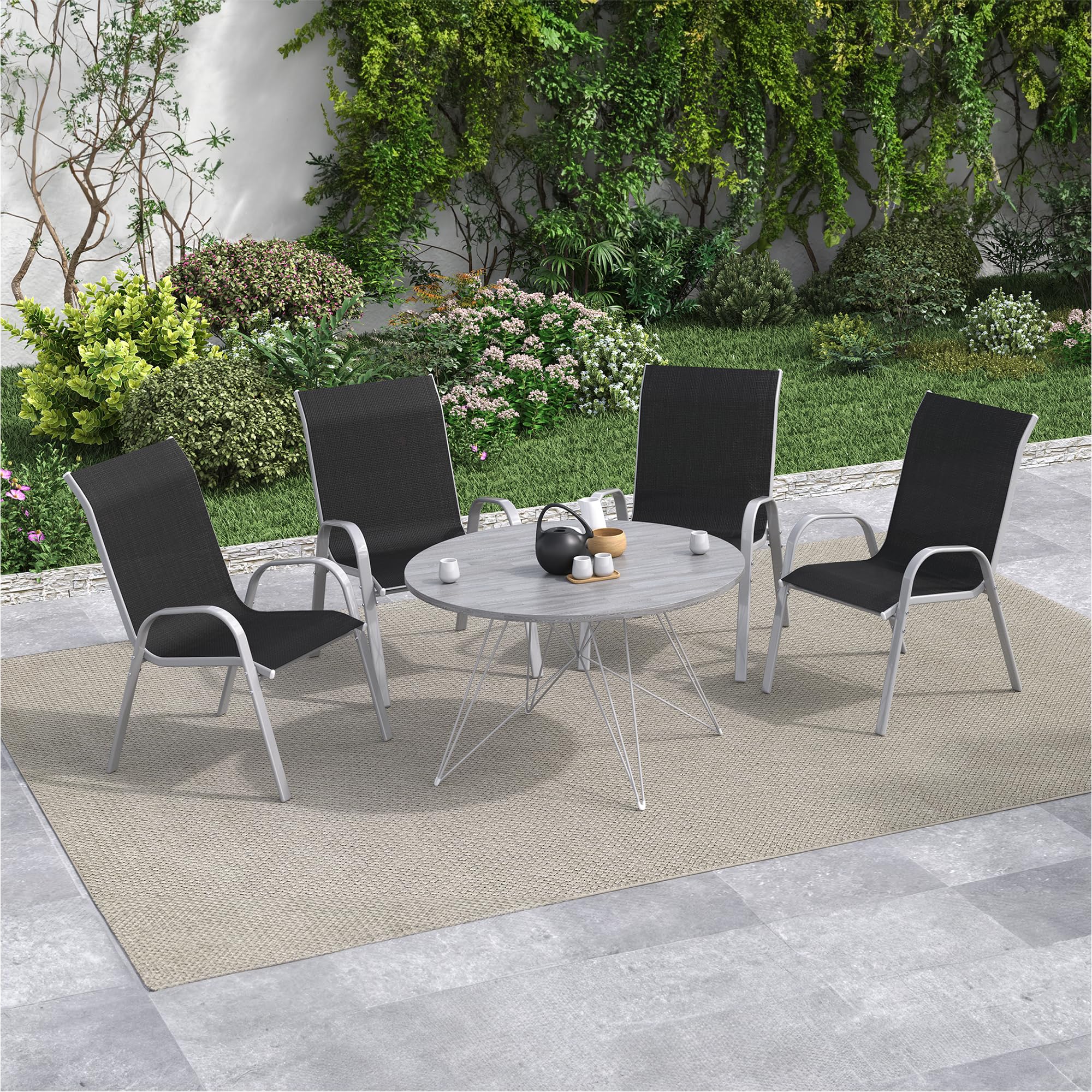 **Amopatio 4-Piece Stackable Patio Dining Chairs Set – All-Weather Outdoor Chairs, Breathable & Comfortable, Silver & Black – Perfect for Backyard, Deck, Garden, or Poolside Dining**