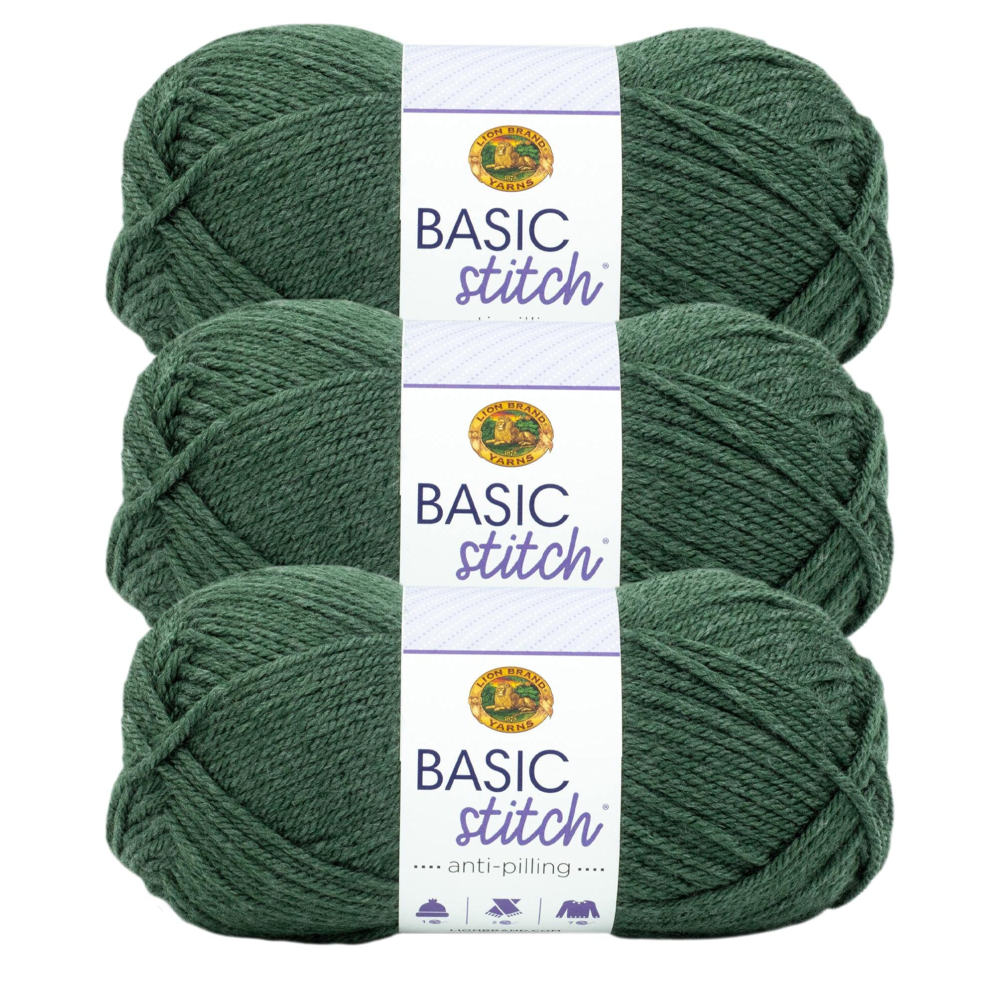 Lion Brand Yarn Basic Stitch Anti-Pilling Knitting & Crochet Yarn - 3-Pack, Pine Heather - Soft & Durable for Scarves, Blankets & DIY Crafts