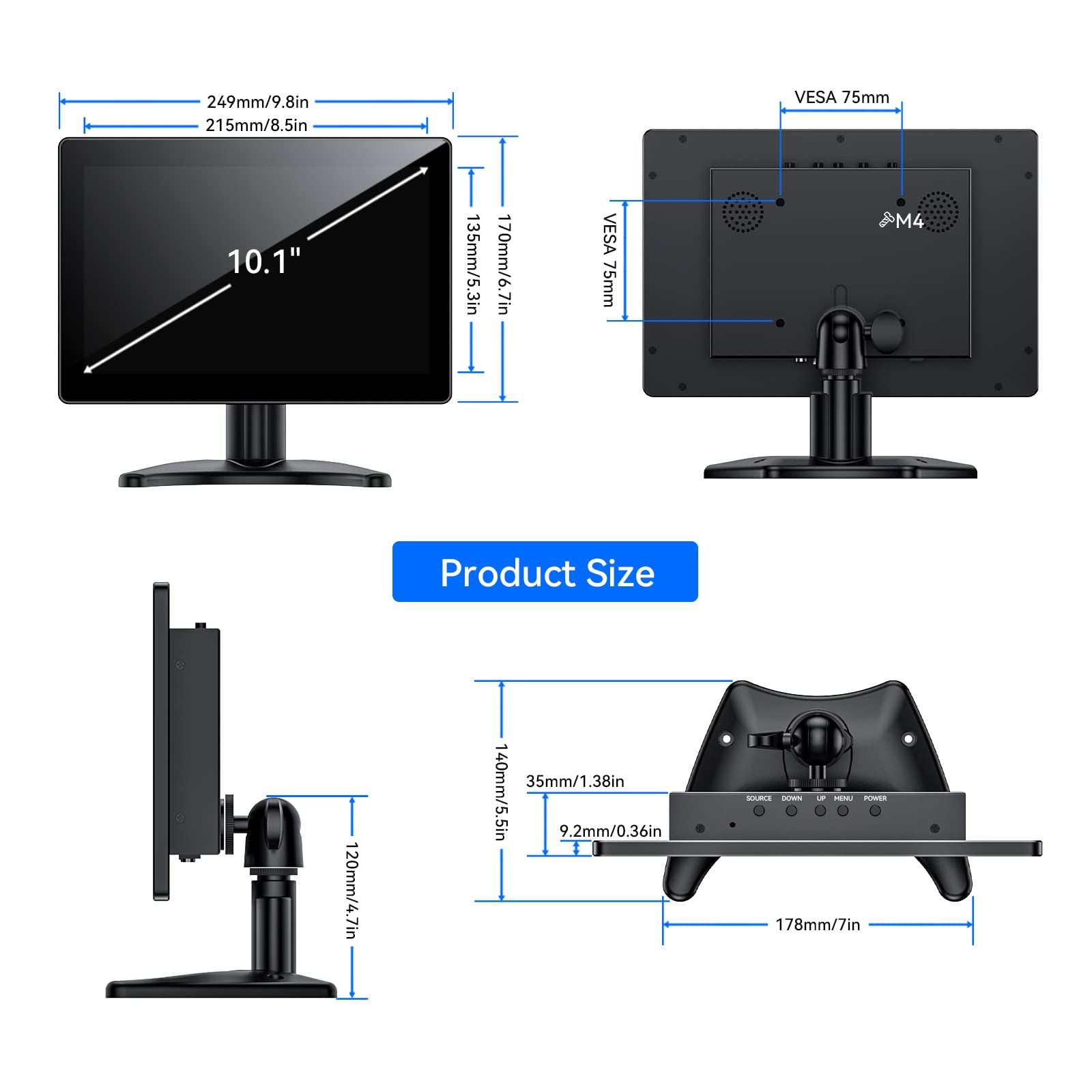 10 Inch Touchscreen Monitor - Eyoyo Portable IPS Display with HDMI VGA AV for Raspberry Pi, CCTV, DVD, PC, Laptop & POS Systems | Built-in Speakers for Home Office, Gaming & Digital Signage