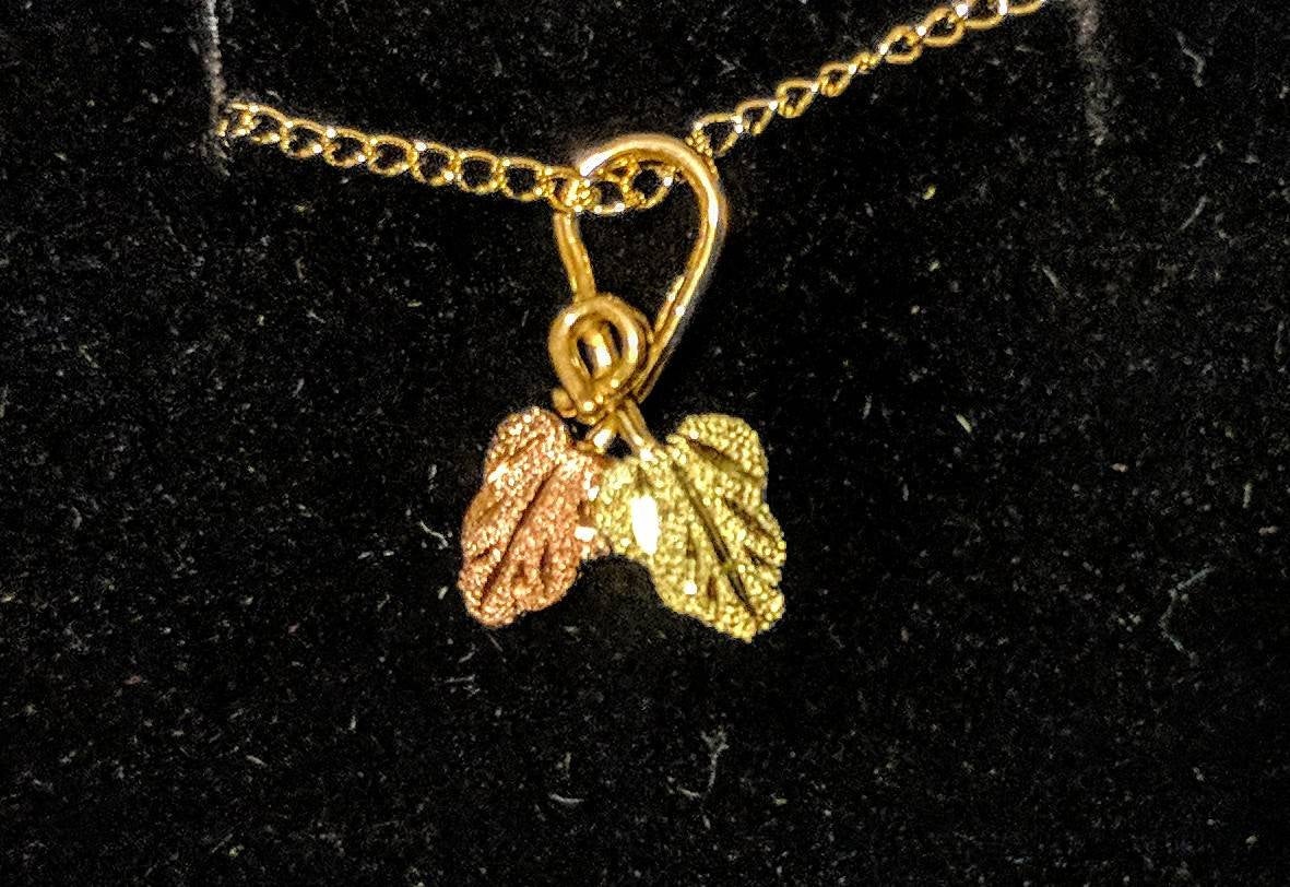 10kt Solid Gold Three-Tone Two Leaf Pendant with Red & Green Enamel - Includes 18