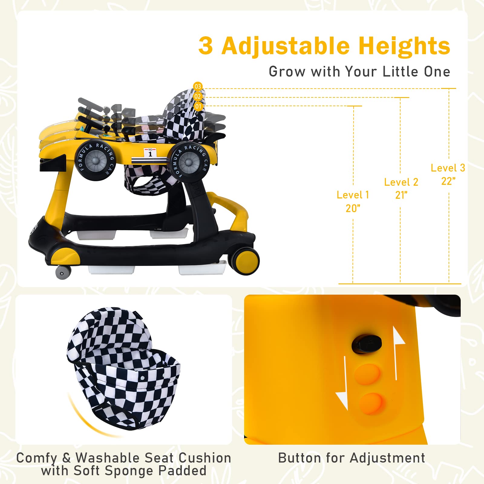 BABY JOY 4-in-1 Foldable Baby Walker with Adjustable Height & Speed - Interactive Music, LED Lights, Anti-Rollover Safety Design - Toddler Push Walker with Wheels for Boys & Girls 6-18 Months (Yellow) - Perfect for Learning to Walk, Indoor Play & Early Childhood Development