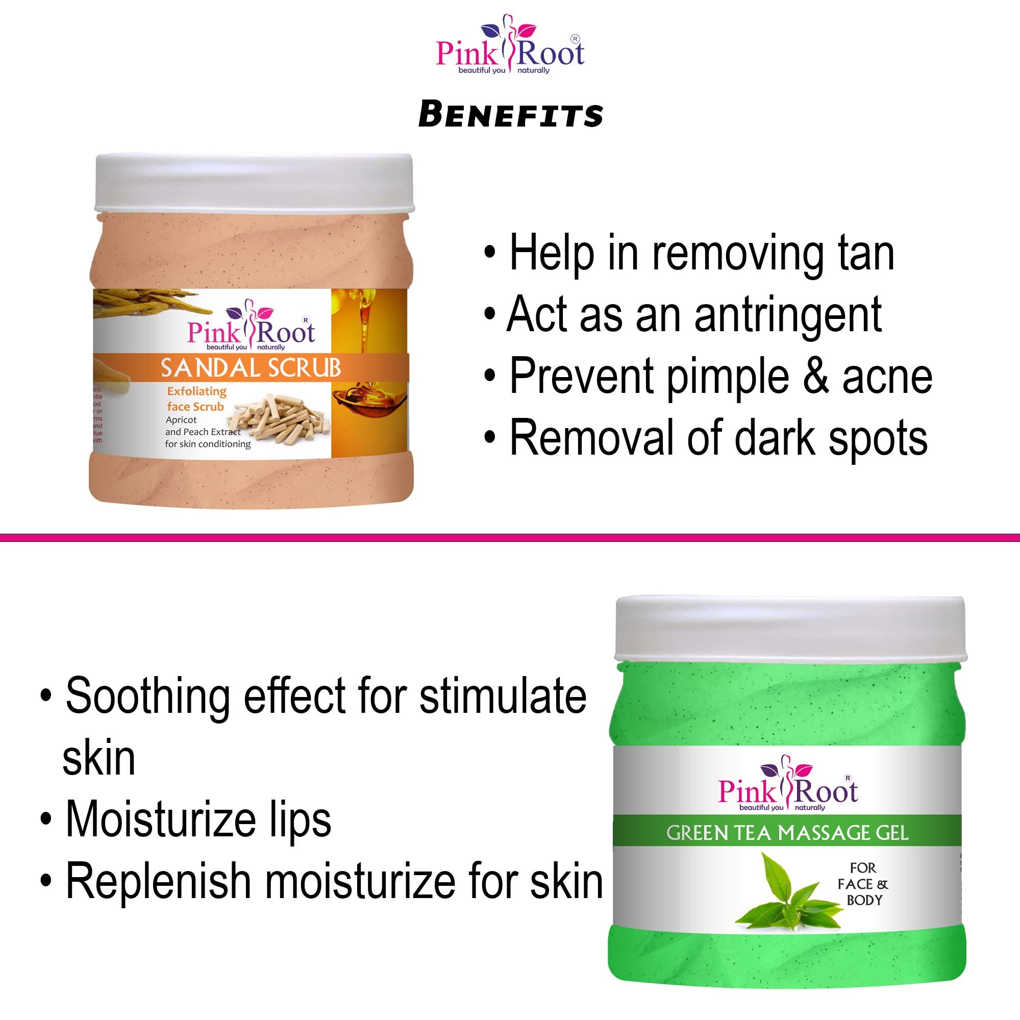 Pink Root Green Tea Massage Gel & Sandal Scrub Set - 500ml Each | Organic Skincare for Relaxation & Exfoliation - Perfect for Spa Day & Self-Care Routine