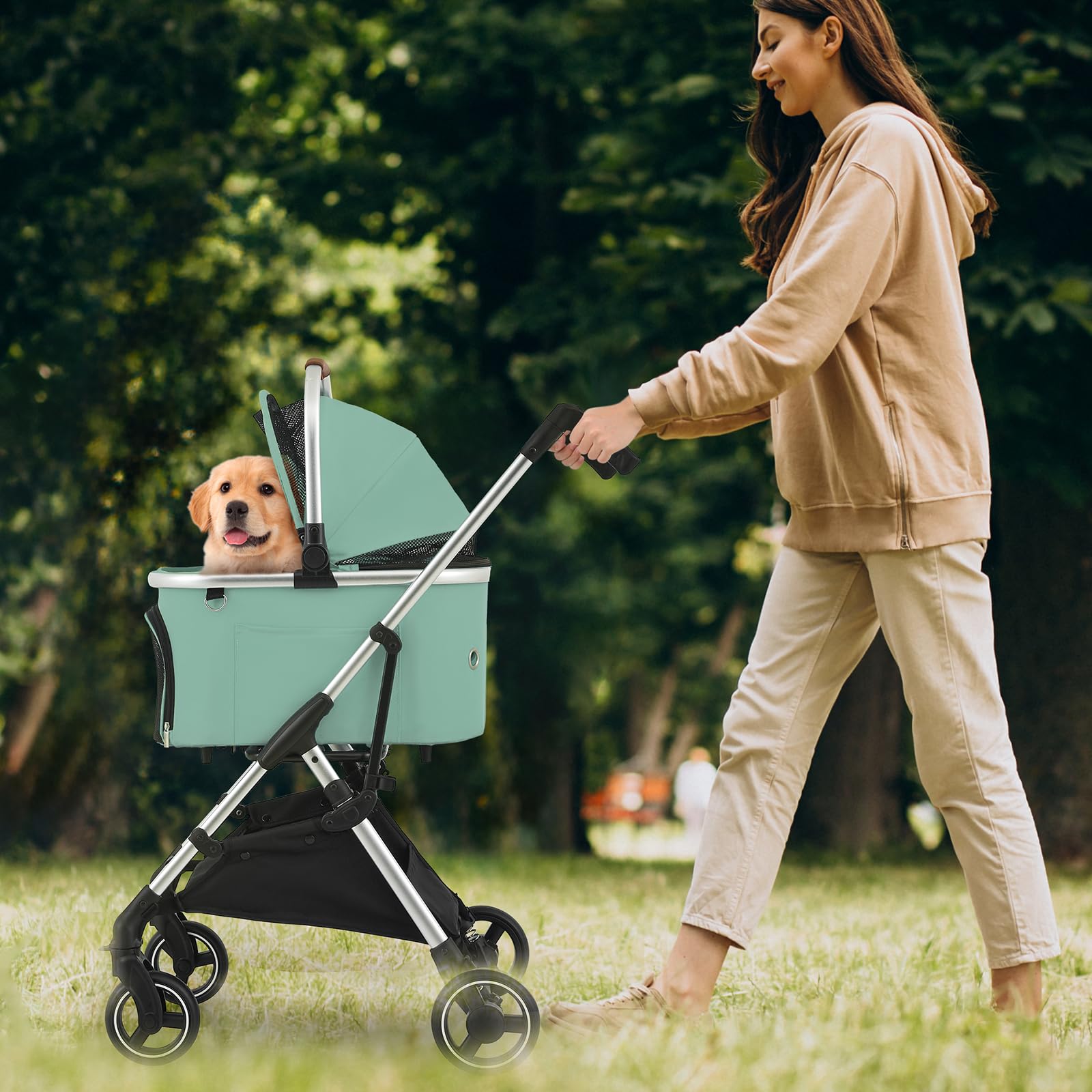MoNiBloom Lightweight Pet Stroller for Small & Medium Dogs - Foldable Jogging Stroller with Detachable Carrier & Durable Aluminum Frame (Mint Green) - Perfect for Outdoor Walks, Park Visits & Travel Adventures