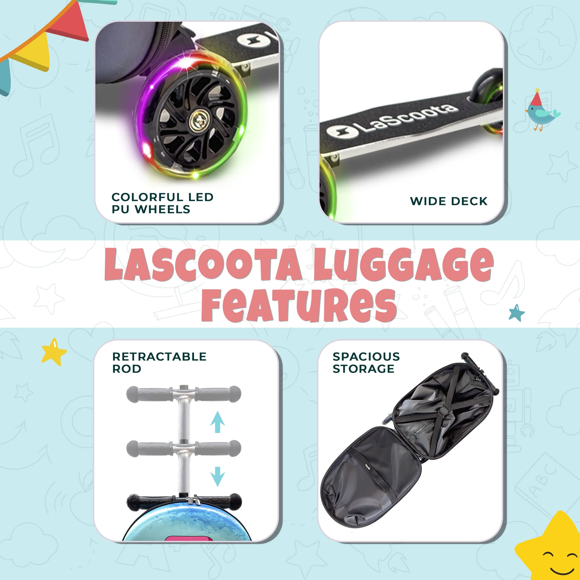 Lascoota Foldable Scooter Suitcase for Kids Ages 2-5 - Lightweight Ride-On Luggage with LED Wheels & Astronaut Design - Perfect for Air Travel, Road Trips & Playtime Adventures