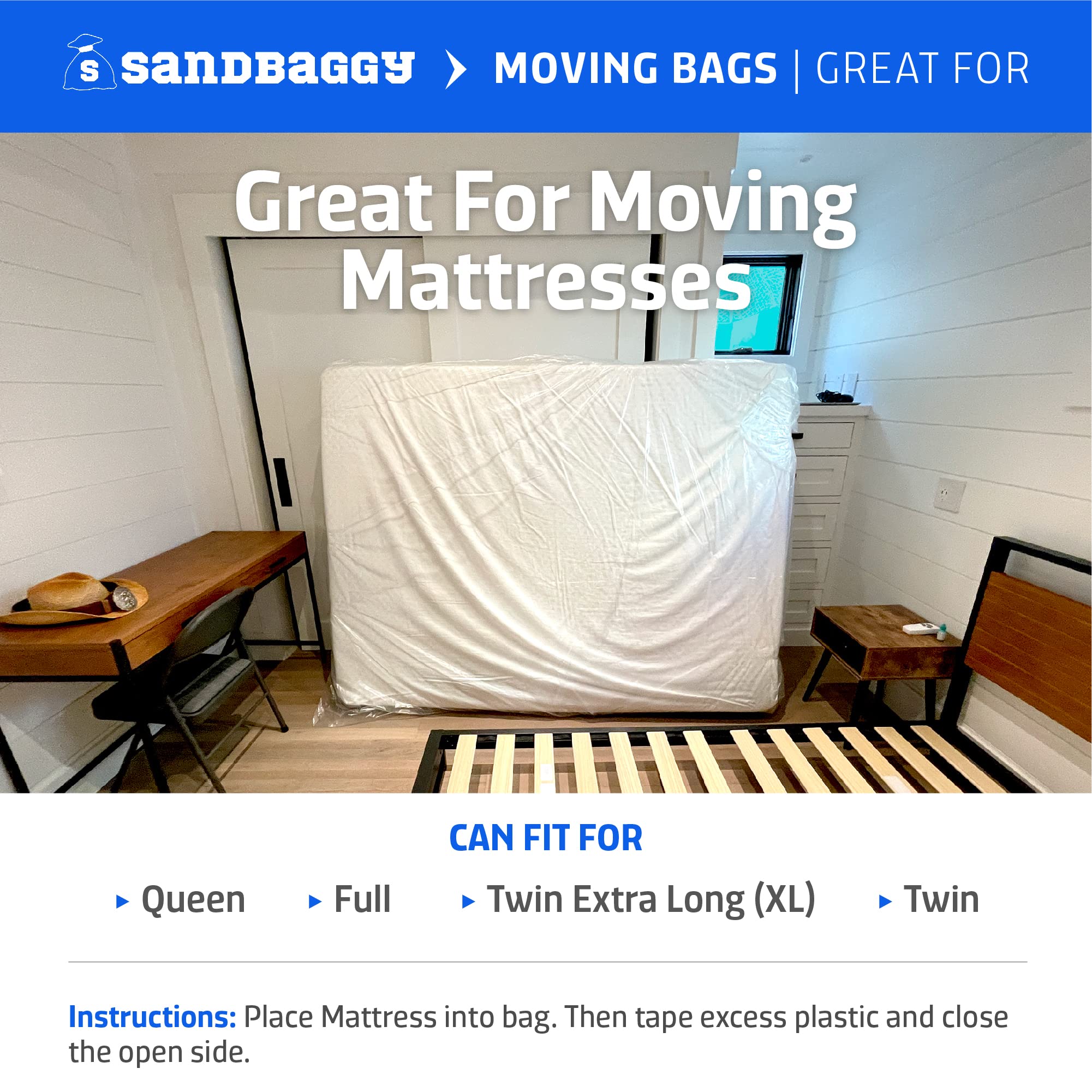 Sandbaggy Mattress Bag for Moving & Storage - Fits Twin, Twin XL, Full & Queen Beds - UV Resistant 1.5 Mil Thick Clear Plastic Cover - Made in USA - Perfect for Home Moves, Long-Term Storage & Furniture Protection