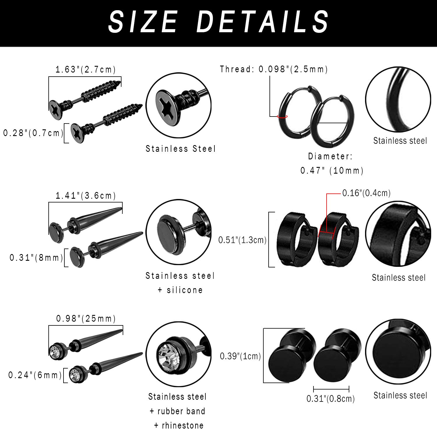 **Aroncent 6 Pairs Stainless Steel Small Hoop Earrings for Men & Women - Fake Gauges & Spike Earrings Set - Perfect for Casual Wear, Parties & Gifts**