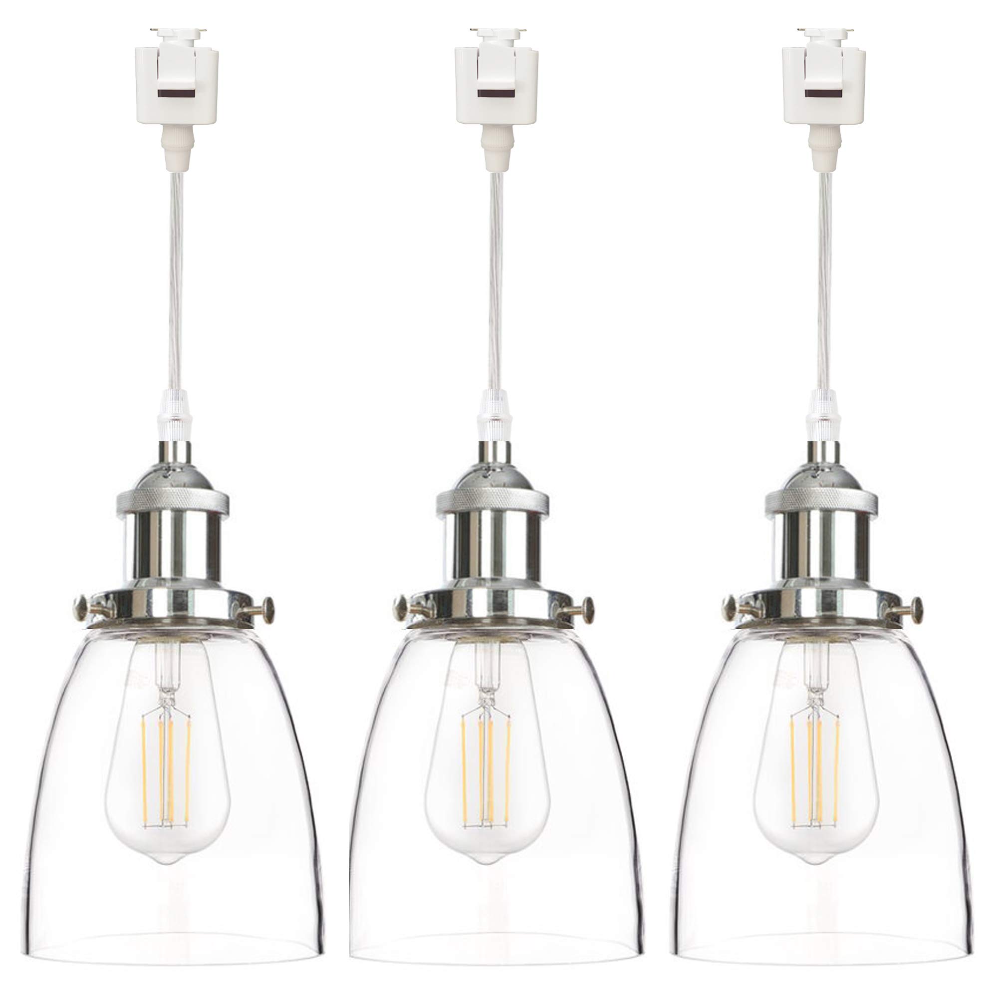 3-Pack J-Type Track Lighting Pendants - Clear Glass Cone Lampshade with Chrome E26 Socket - Juno Compatible Restaurant Chandelier - Industrial Factory Pendant Light (2ft, Customizable) - Perfect for Dining Rooms, Kitchens, Retail Stores & Modern Office Lighting