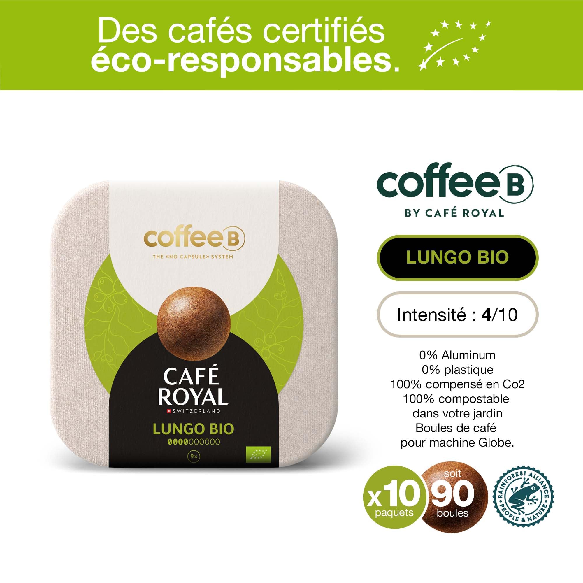 90 Premium Lungo Bio Coffee Balls - 100% Compostable & Eco-Friendly - Compatible with Café Royal Coffee Machine - Perfect for Home, Office & Sustainable Coffee Lovers